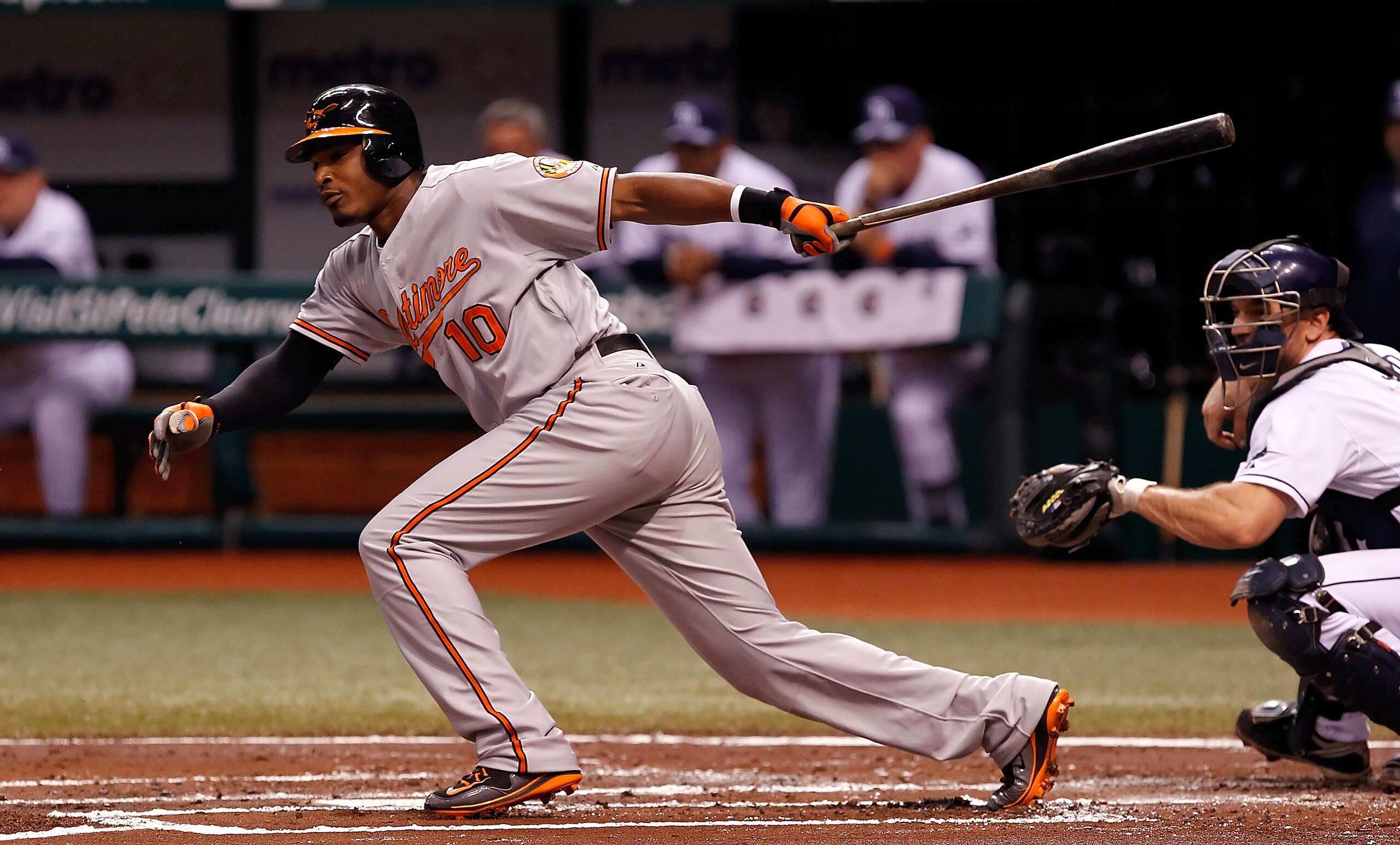 ST. PETERSBURG, FL - SEPTEMBER 29:  Outfielder Adam Jones #10 of the Baltimore Orioles flies out against the Tampa Bay Rays during the game at Tropicana Field on September 29, 2010 in St. Petersburg, Florida.  (Photo by J. Meric/Getty Images)