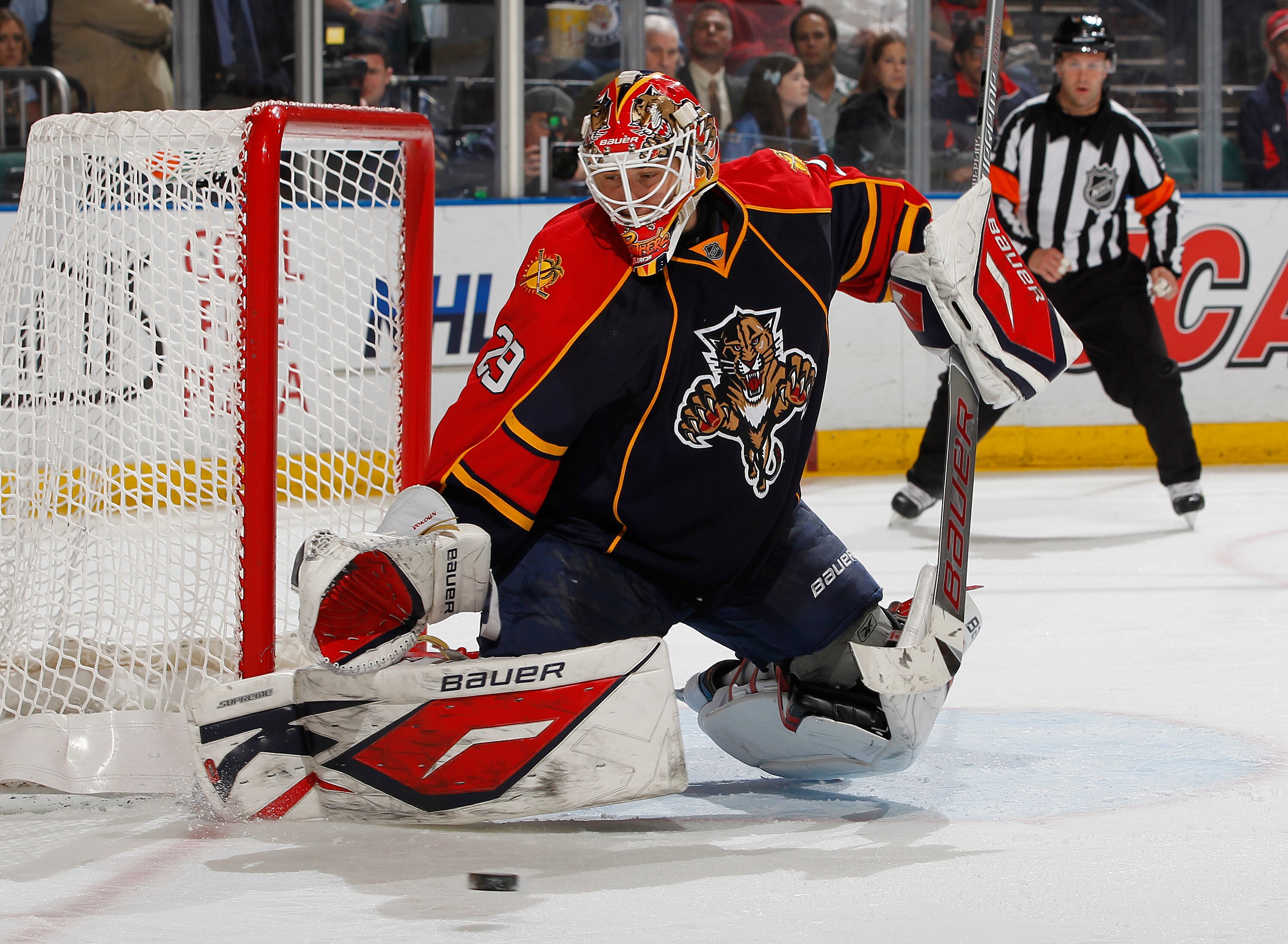 SUNRISE, FL - FEBRUARY 8: Goaltender Tomas Vokoun #29 of the Florida Panthers stops a shot by the St. Louis Blues on February 8, 2011 at the BankAtlantic Center in Sunrise, Florida. The Blues defeated the Panthers 2-1. (Photo by Joel Auerbach/Getty Images