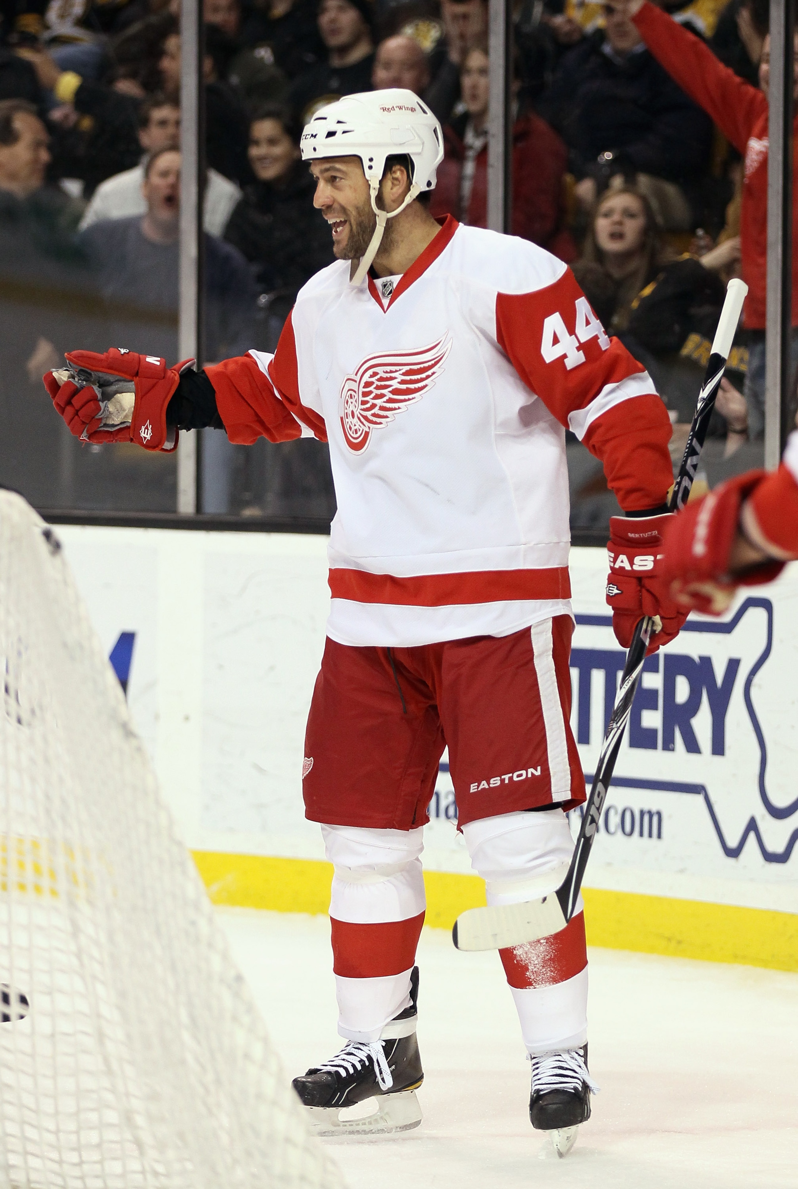 BOSTON, MA - FEBRUARY 11:  Todd Bertuzzi #44 of the Detroit Red Wings celebrates his goal after he scored in the second period against the Boston Bruins on February 11, 2011 at the TD Garden in Boston, Massachusetts.  (Photo by Elsa/Getty Images)