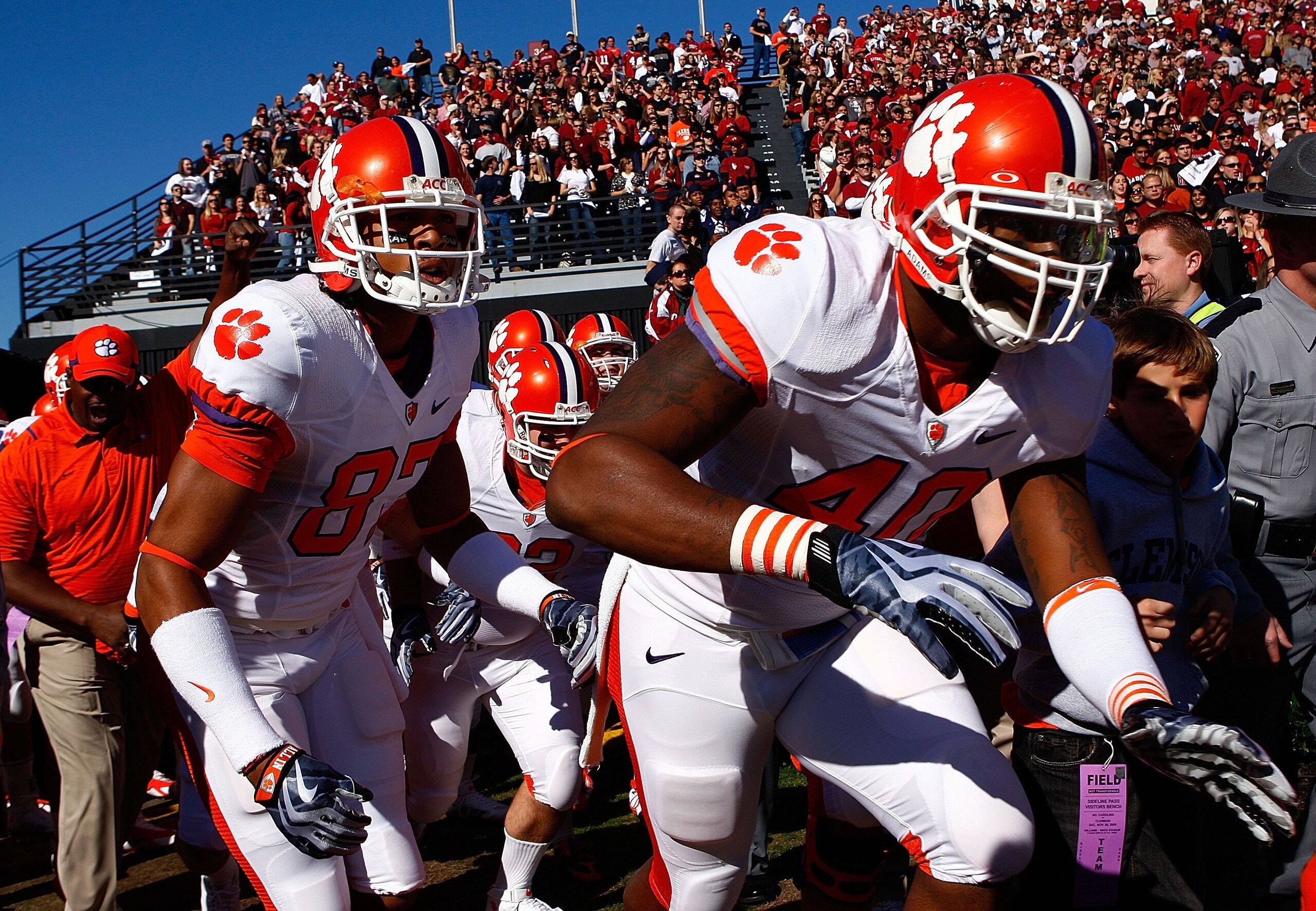 COLUMBIA, SC - NOVEMBER 28:  Andre Branch #40 and members of the Clemson Tigers run onto the field prior to the start of the game against the South Carolina Gamecocks at Williams-Brice Stadium on November 28, 2009 in Columbia, South  Carolina.  (Photo by