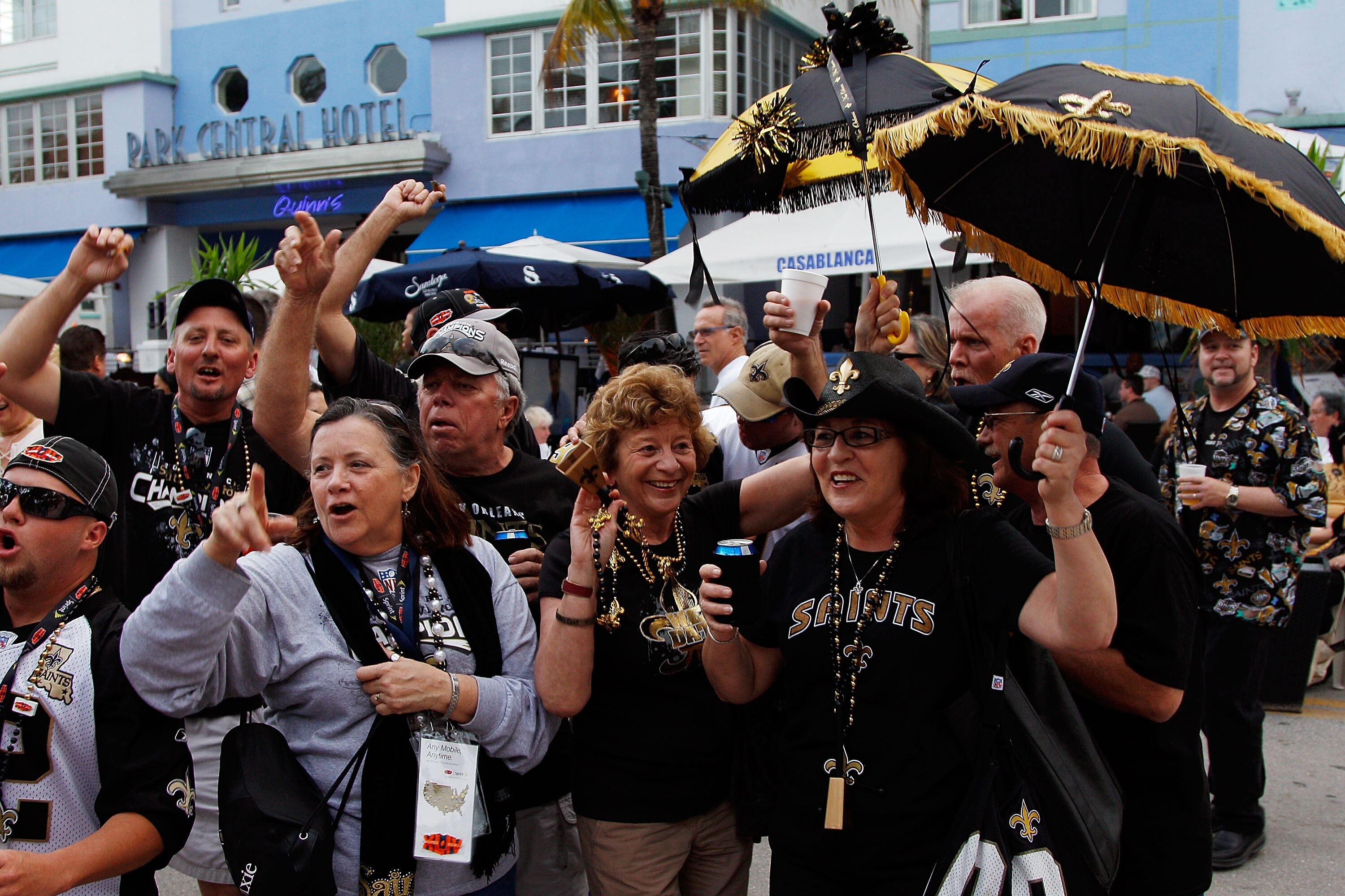 MIAMI - FEBRUARY 05:  Fans of the New Orleans Saints party on South Beach on February 5, 2010 in Miami, Florida.  Super Bowl XLIV between the Indianapolis Colts and the New Orleans Saints will be held Sunday February 7, 2010.  (Photo by Chris Graythen/Get