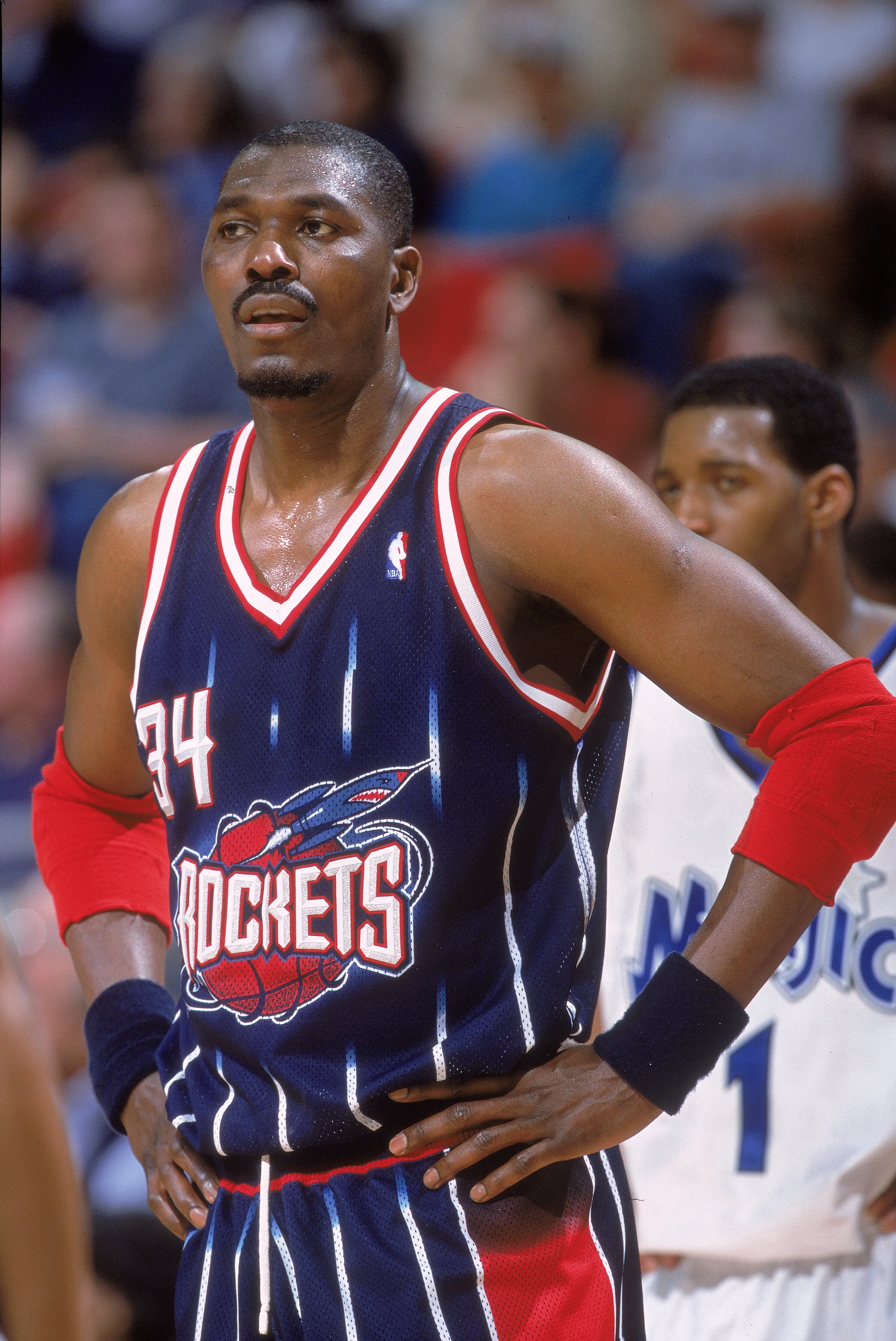 16 Feb 2001:  Hakeem Olajuwon #34 of the Houston Rockets stands on the court during the game against the Orlando Magic at the Compaq Center in Houston, Texas.  The Magic defeated the Rockets 108-93.  NOTE TO USER: It is expressly understood that the only 