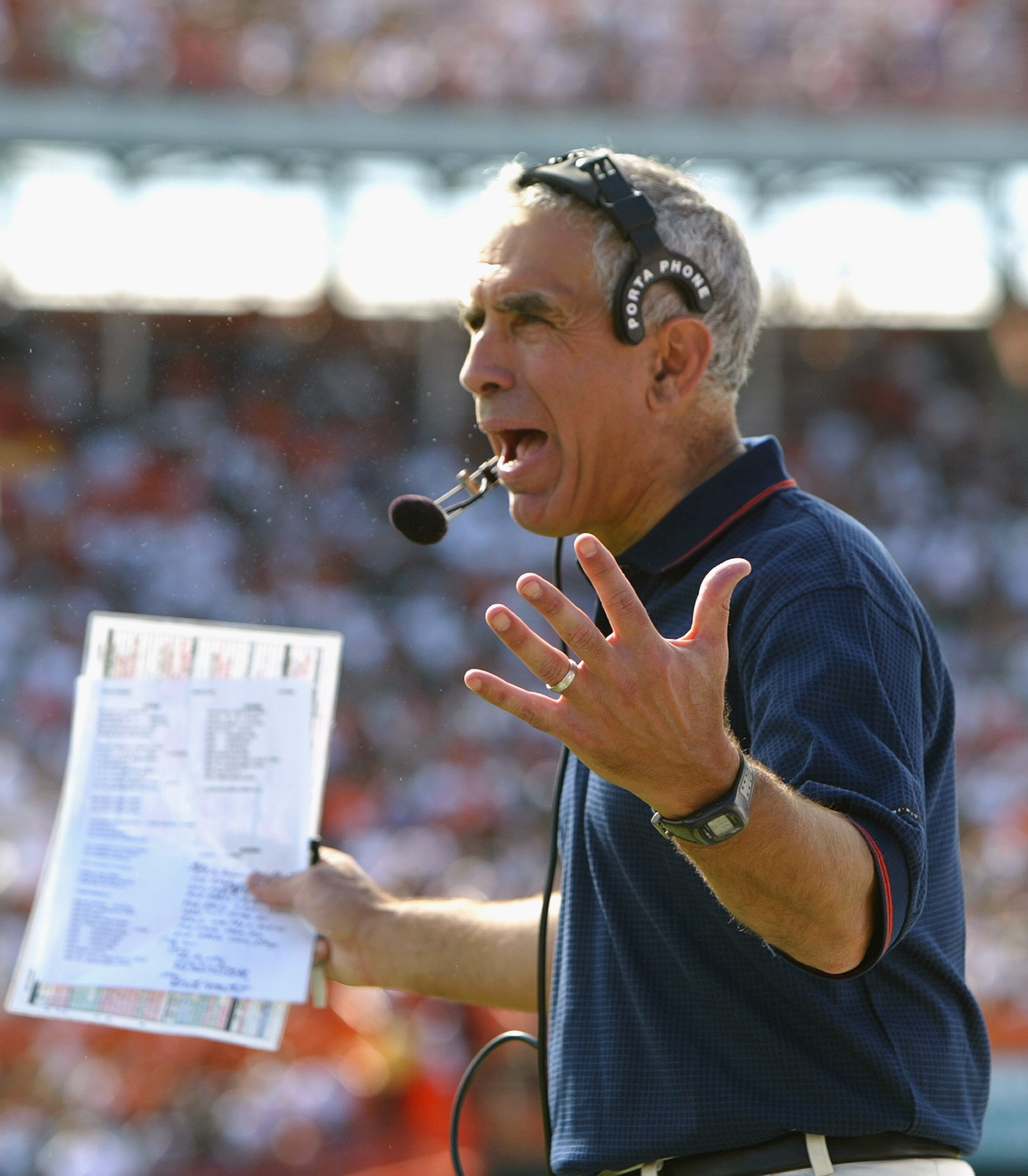 MIAMI - NOVEMBER 15:  Head coach Paul Pasqualoni of the Syracuse University Orangemen yells during the game against the University of Miami Hurricanes at the Orange Bowl on November 15, 2003 in Miami, Florida. Miami defeated Syracuse 17-10.  (Photo by Dou