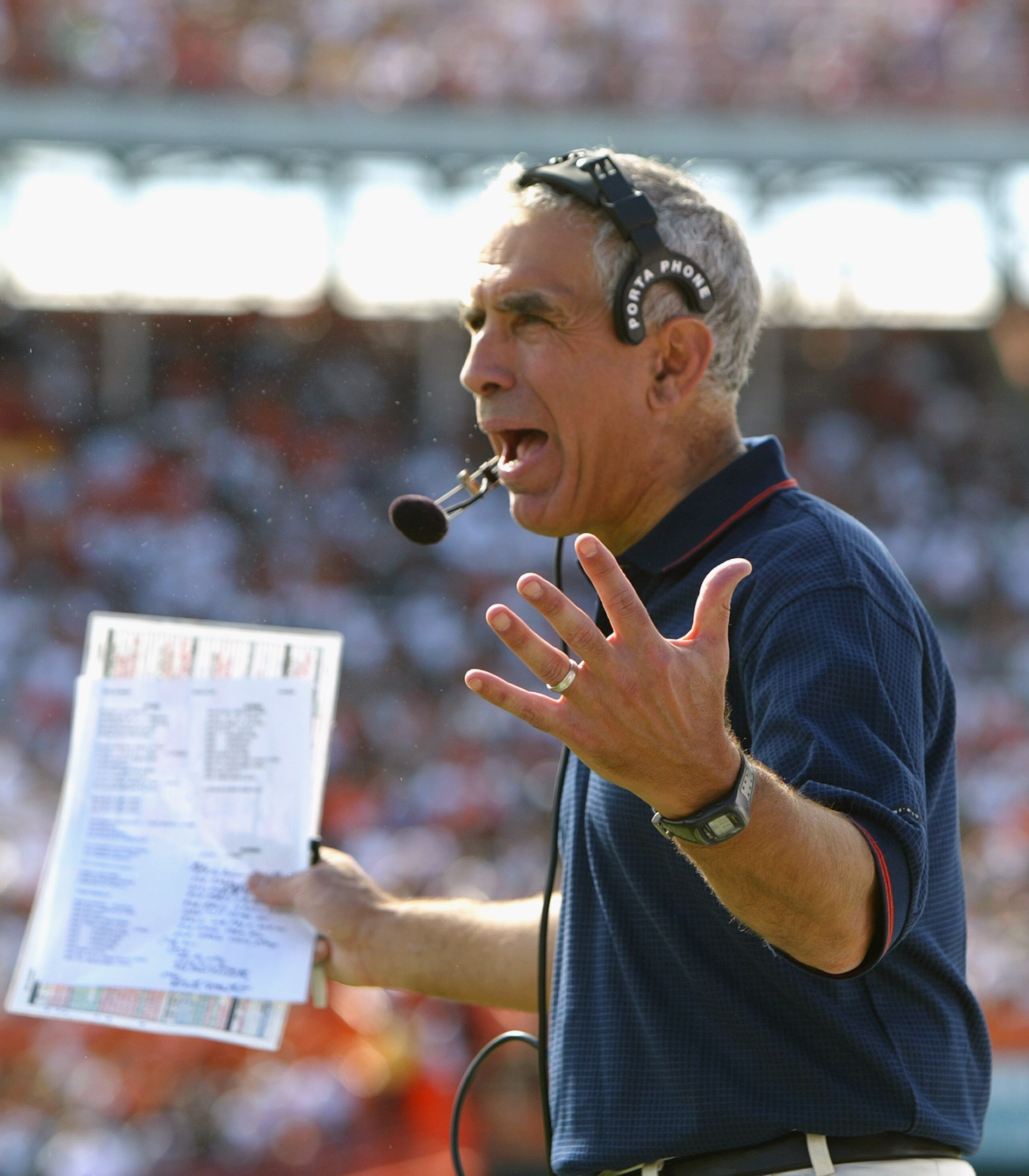 MIAMI - NOVEMBER 15:  Head coach Paul Pasqualoni of the Syracuse University Orangemen yells during the game against the University of Miami Hurricanes at the Orange Bowl on November 15, 2003 in Miami, Florida. Miami defeated Syracuse 17-10.  (Photo by Dou