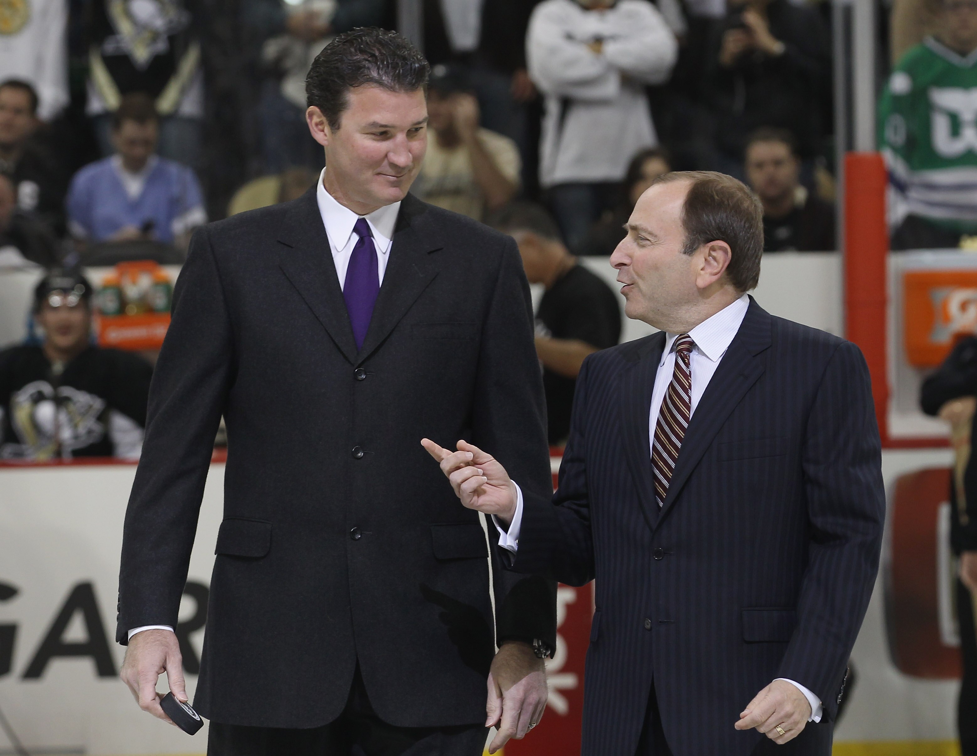 PITTSBURGH - OCTOBER 07:  Team owner Mario Lemieux of the Pittsburgh Penguins and NHL commissioner Gary Bettman arrive for the opening faceoff between the Penguins and the Philadelphia Flyers at the Consol Energy Center on October 7, 2010 in Pittsburgh, P