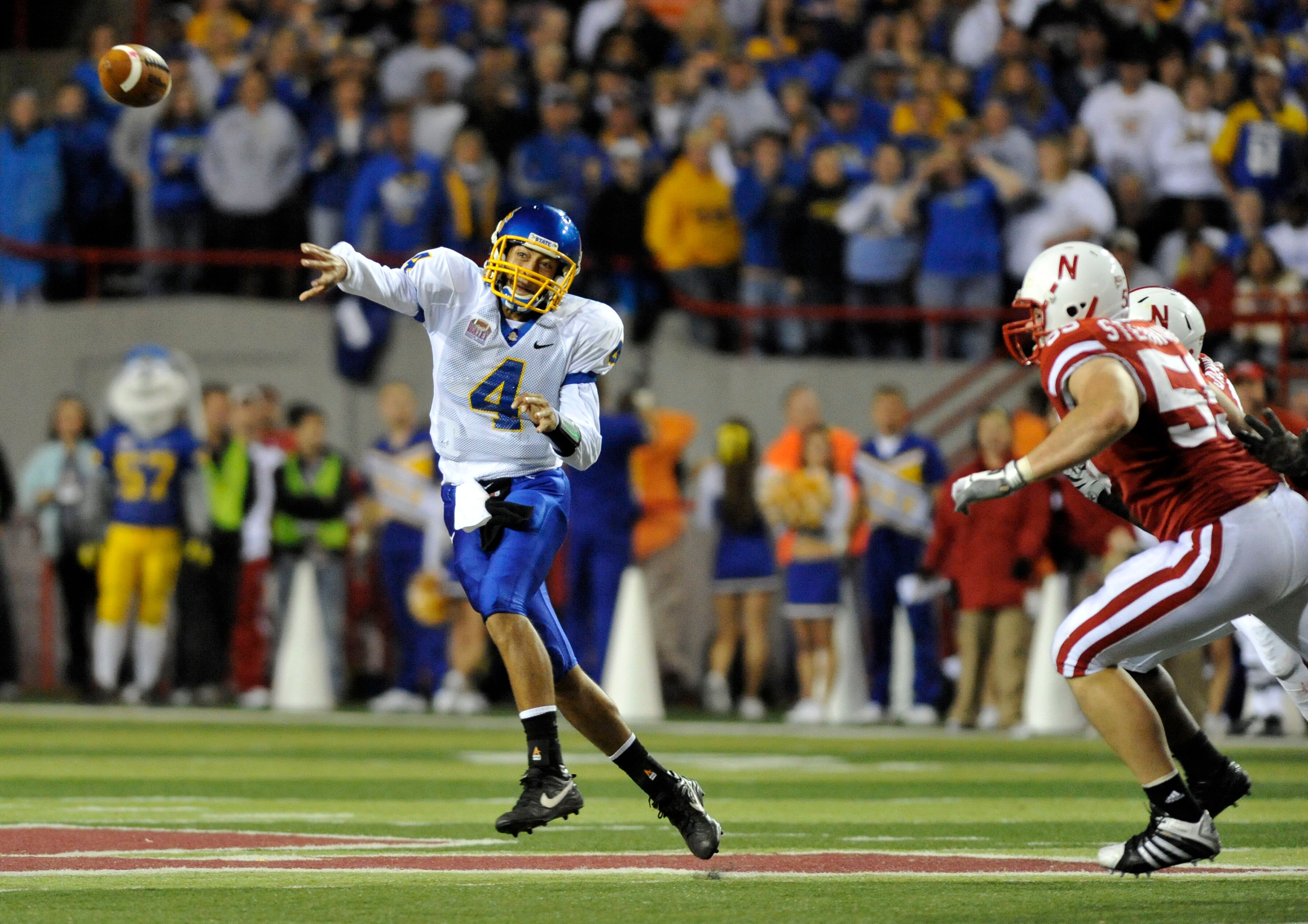 LINCOLN, NB - SEPTEMBER 25: Quarterback Thomas O'Brien #4of the South Dakota State Jackrabbits throws a ball downfield during second half action of their game at Memorial Stadium on September 25, 2010 in Lincoln, Nebraska. Nebraska Defeated South Dakota S