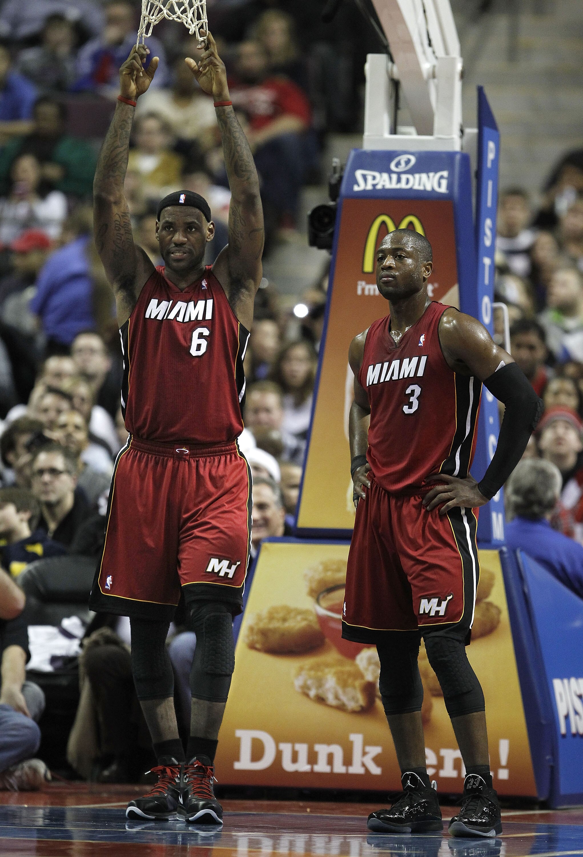 AUBURN HILLS, MI - FEBRUARY 11:  LeBron James #6 and Dwyane Wade #3 of the Miami Heat look on while playing the Detroit Pistons at The Palace of Auburn Hills on February 11, 2011 in Auburn Hills, Michigan. Miami won the game 106-92. NOTE TO USER: User exp