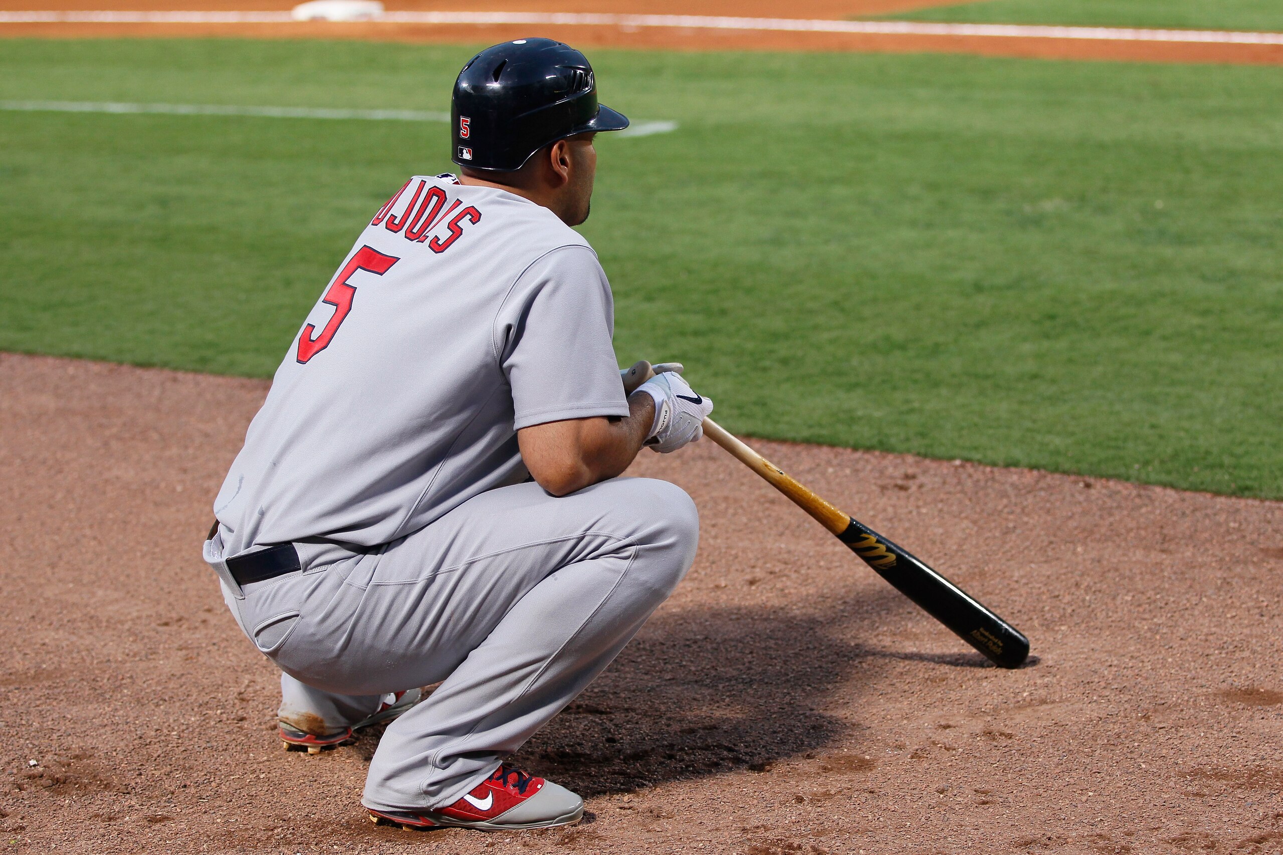 ATLANTA - SEPTEMBER 09:  Albert Pujols #5 of the St. Louis Cardinals against the Atlanta Braves at Turner Field on September 9, 2010 in Atlanta, Georgia.  (Photo by Kevin C. Cox/Getty Images)