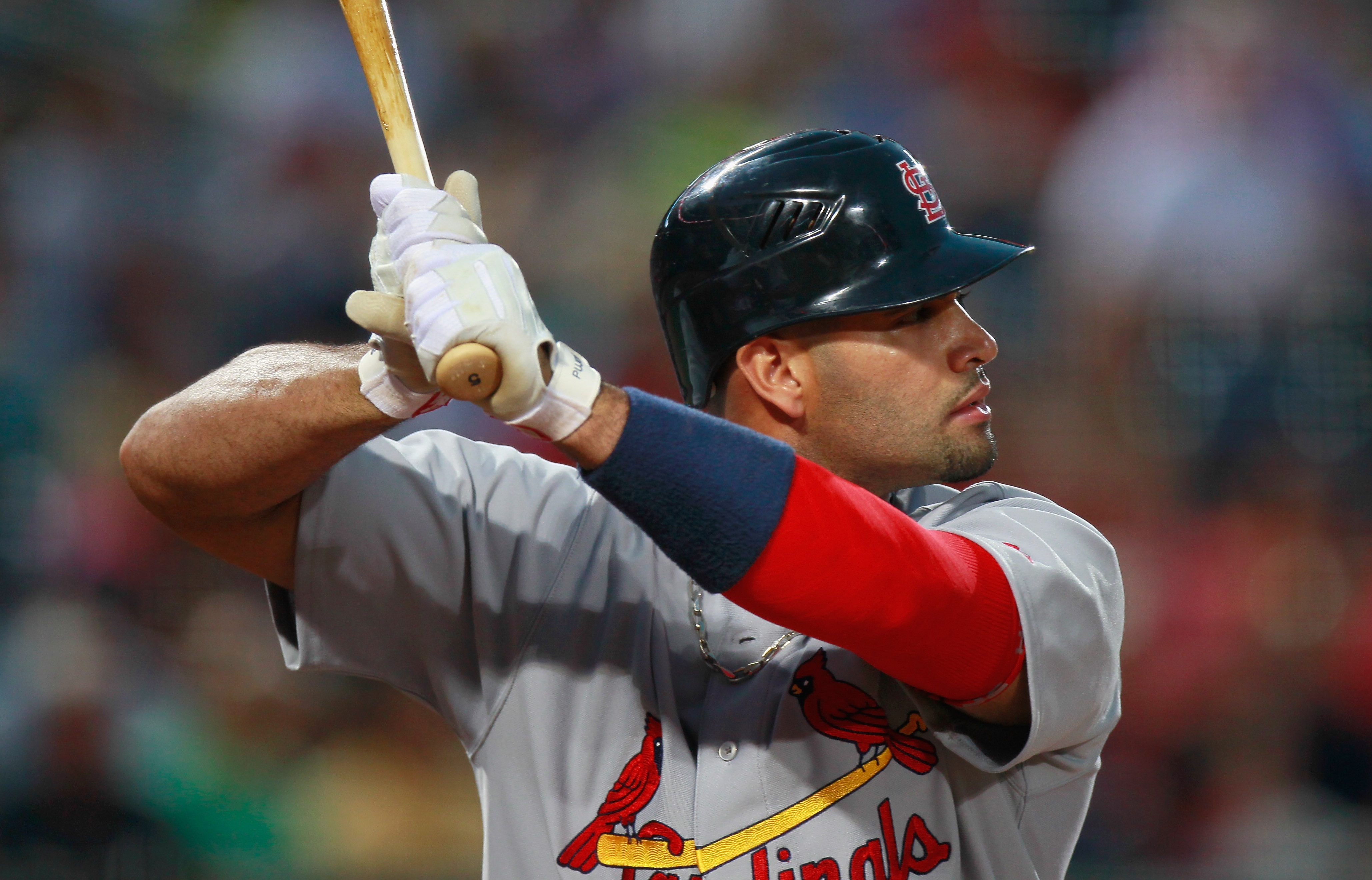 ATLANTA - SEPTEMBER 09:  Albert Pujols #5 of the St. Louis Cardinals against the Atlanta Braves at Turner Field on September 9, 2010 in Atlanta, Georgia.  (Photo by Kevin C. Cox/Getty Images)