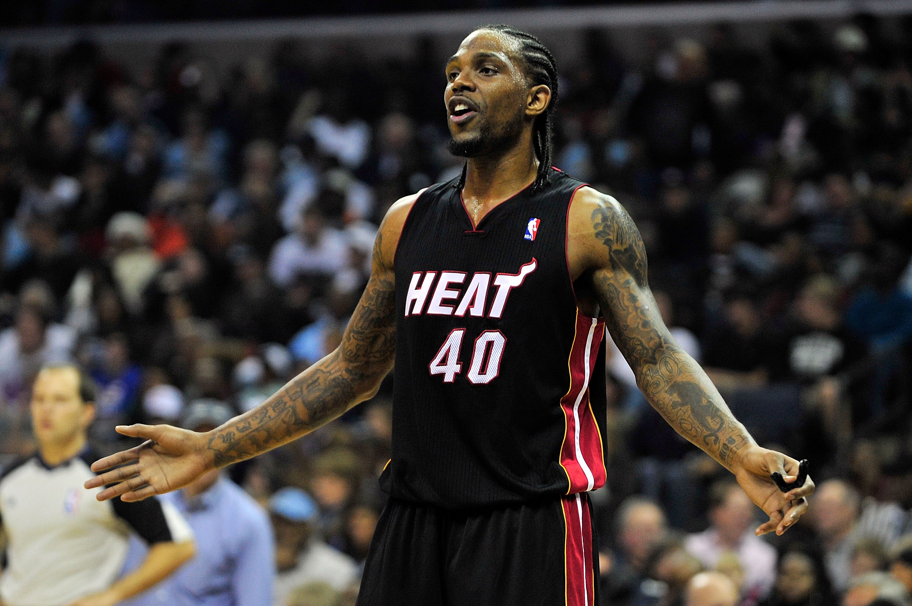 MEMPHIS, TN - NOVEMBER 20:  Udonis Haslem #40 of the Miami Heat exchanges words with the coaching staff during a game against the Memphis Grizzlies at FedExForum on November 20, 2010 in Memphis, Tennessee. The Grizzlies won 97-95.  NOTE TO USER: User expr