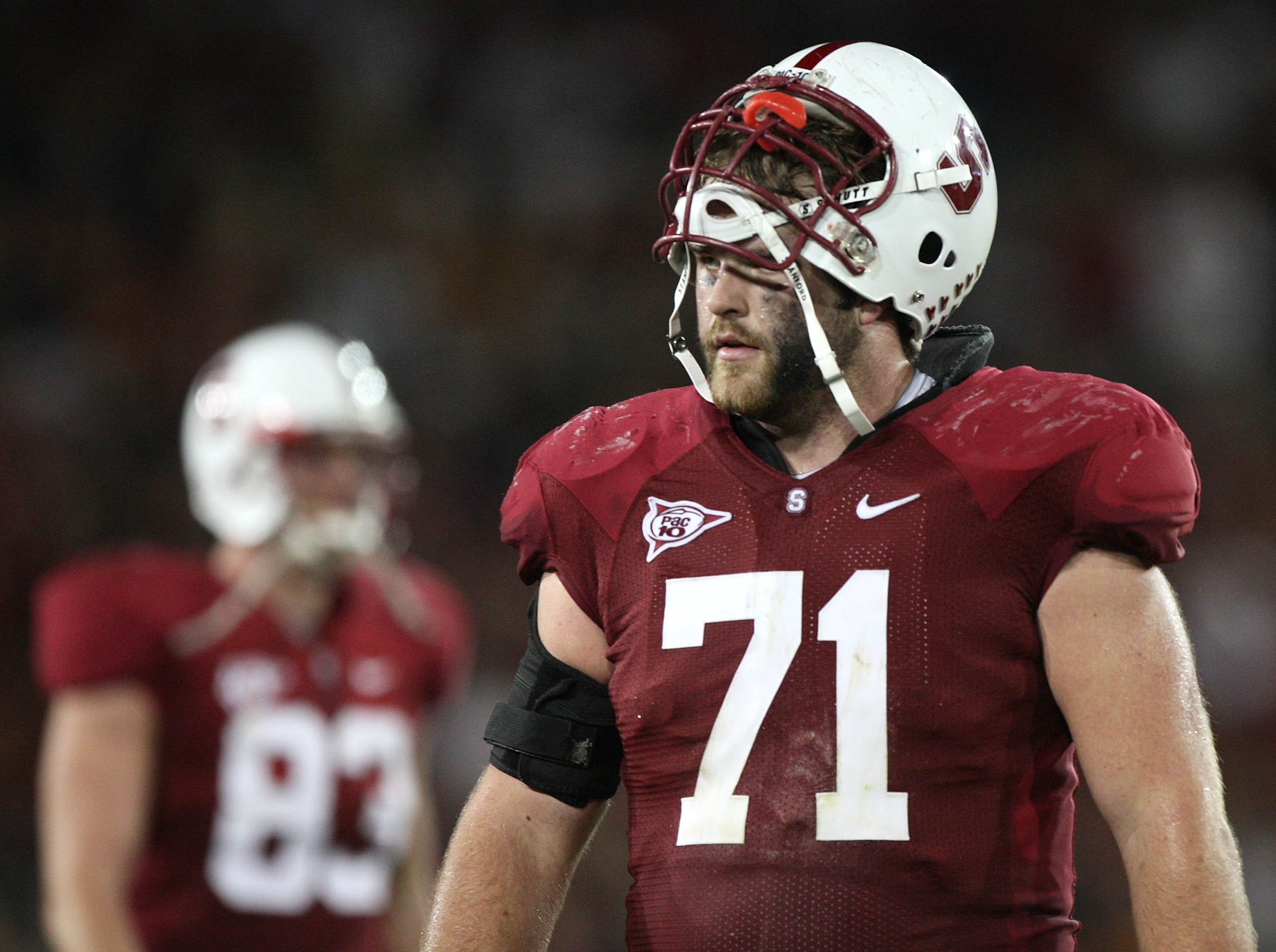 STANFORD, CA - NOVEMBER 15:  Andrew Phillips #71 of the Stanford Cardinals looks on near the end of the game against the USC Trojans at Stanford Stadium on November 15, 2008 in Stanford, California.  (Photo by Jed Jacobsohn/Getty Images)
