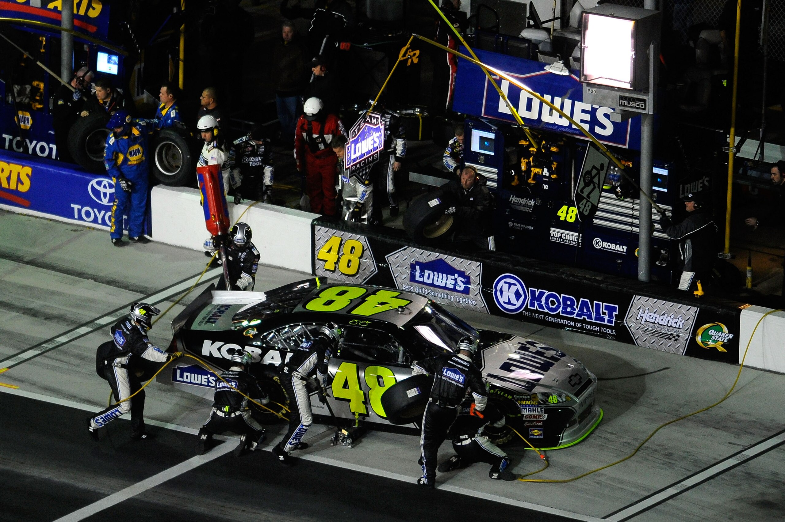 DAYTONA BEACH, FL - FEBRUARY 12:  Jimmie Johnson, driver of the #48 Lowe's Chevrolet, pits during the NASCAR Budweiser Shootout at Daytona International Speedway on February 12, 2011 in Daytona Beach, Florida.  (Photo by Jared C. Tilton/Getty Images for N