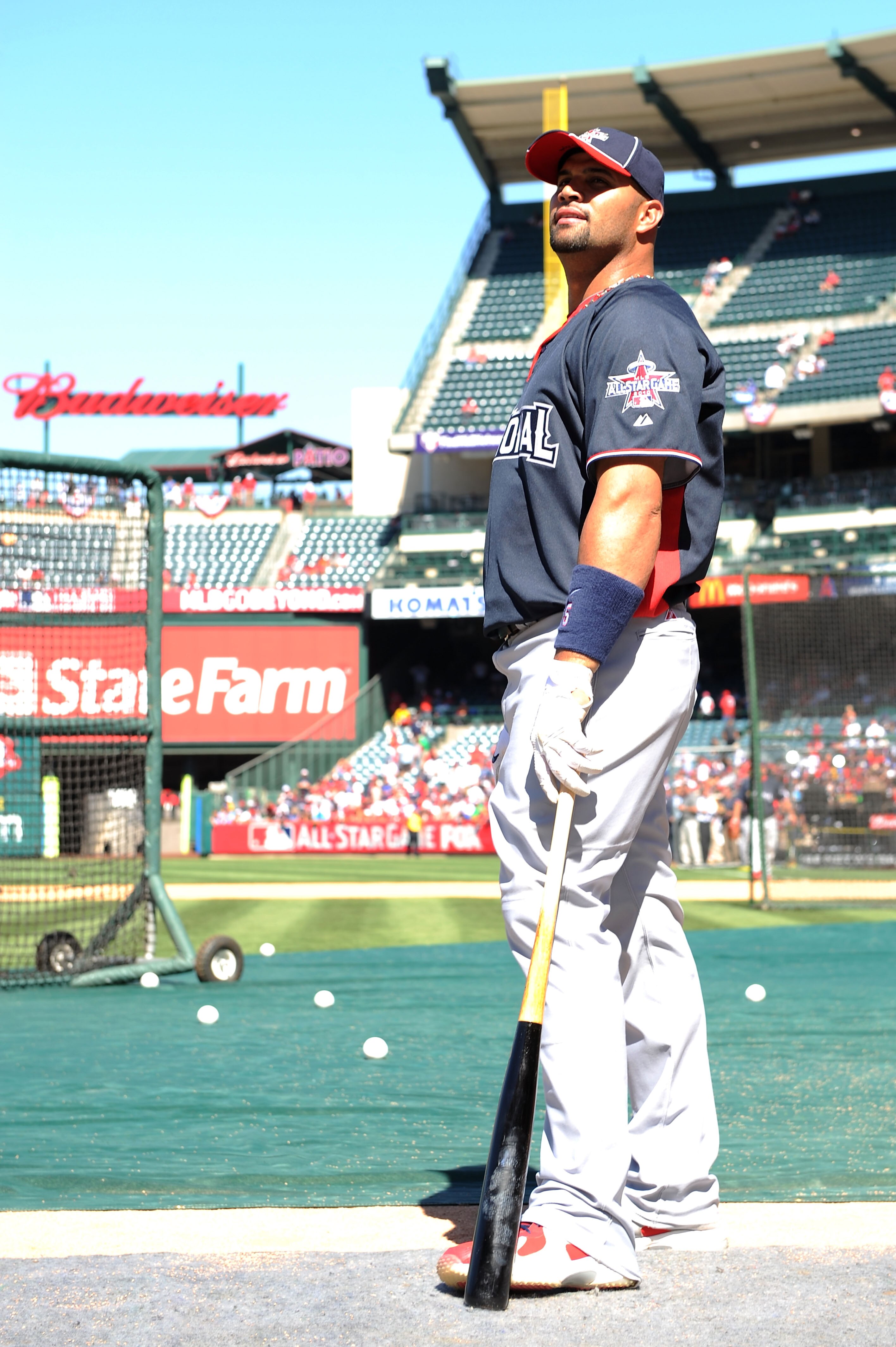 ANAHEIM, CA - JULY 13:  National League All-Star Albert Pujols #5 of the St. Louis Cardinals looks on before the 81st MLB All-Star Game at Angel Stadium of Anaheim on July 13, 2010 in Anaheim, California.  (Photo by Lisa Blumenfeld/Getty Images)