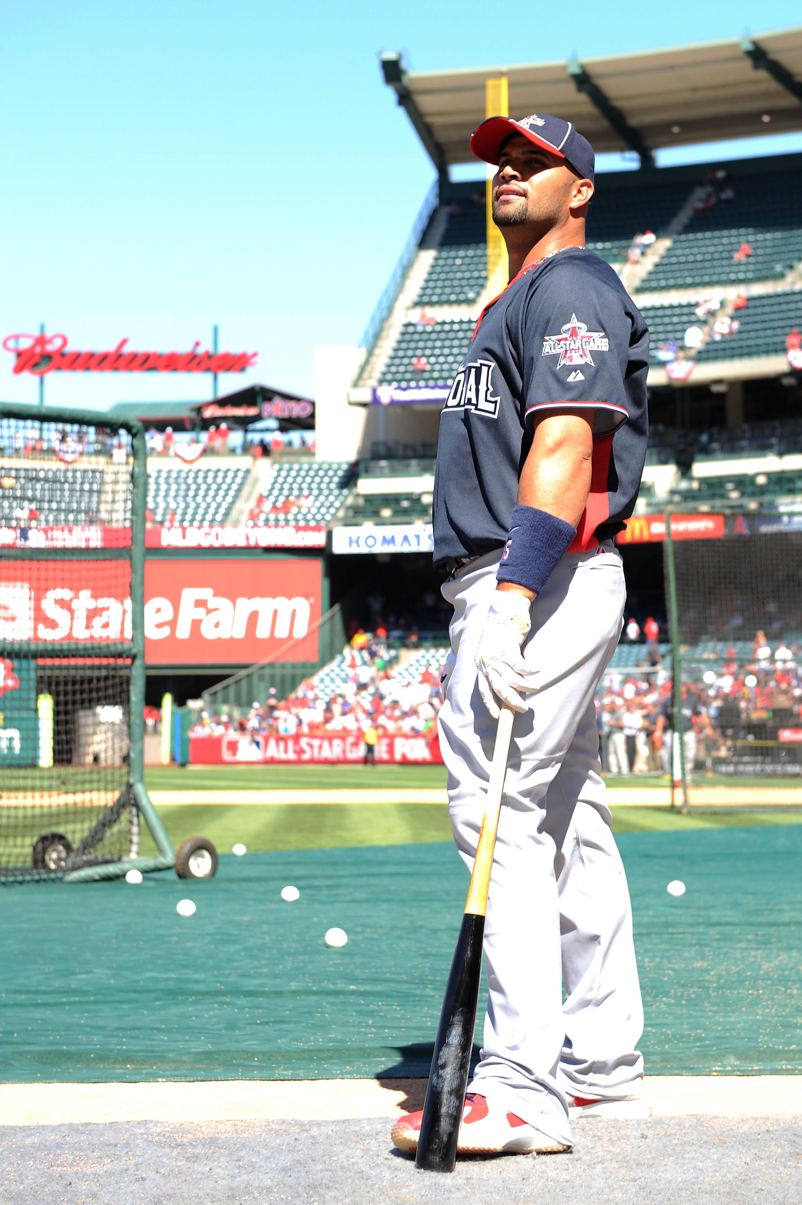 ANAHEIM, CA - JULY 13: National League All-Star Albert Pujols #5 of the St. Louis Cardinals looks on before the 81st MLB All-Star Game at Angel Stadium of Anaheim on July 13, 2010 in Anaheim, California. (Photo by Lisa Blumenfeld/Getty Images) ANAHEIM, CA - JULY 13: National League All-Star Albert Pujols #5 of the St. Louis Cardinals looks on before the 81st MLB All-Star Game at Angel Stadium of Anaheim on July 13, 2010 in Anaheim, California. (Photo by Lisa Blumenfeld/Getty Images)