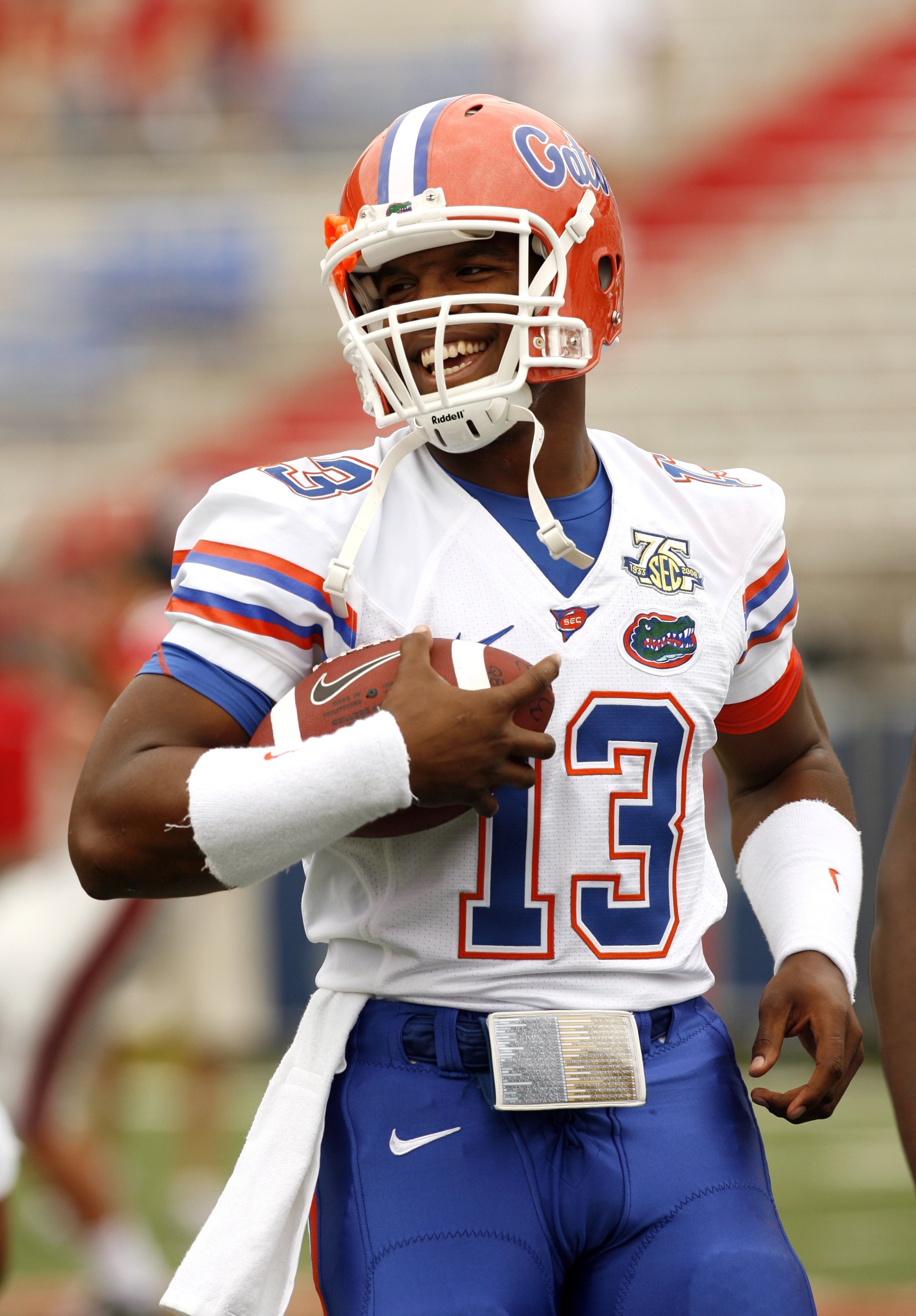 OXFORD, MS - SEPTEMBER 22: Cameron Newton #13 of the Florida Gators smiles during warmups before a game against the Mississippi Rebels on September 22, 2007 at Vaught-Hemingway Stadium/Hollingsworth Field in Oxford, Mississippi. Florida won  30-24. (Photo