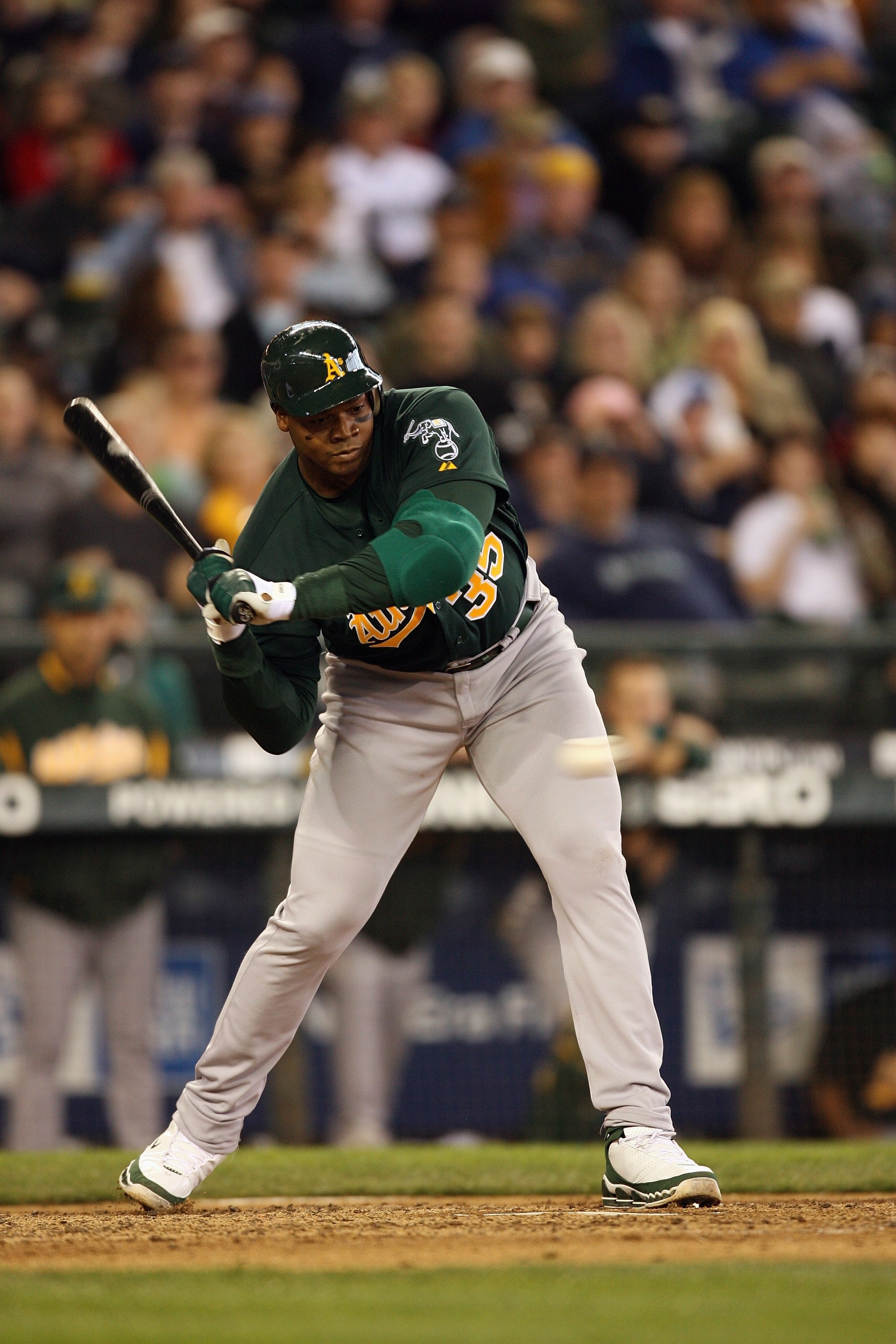 SEATTLE - APRIL 27:  Frank Thomas #35 of the Oakland Athletics bats against the Seattle Mariners on April 27, 2008 at Safeco Field in Seattle, Washington. (Photo by Otto Greule Jr/Getty Images)
