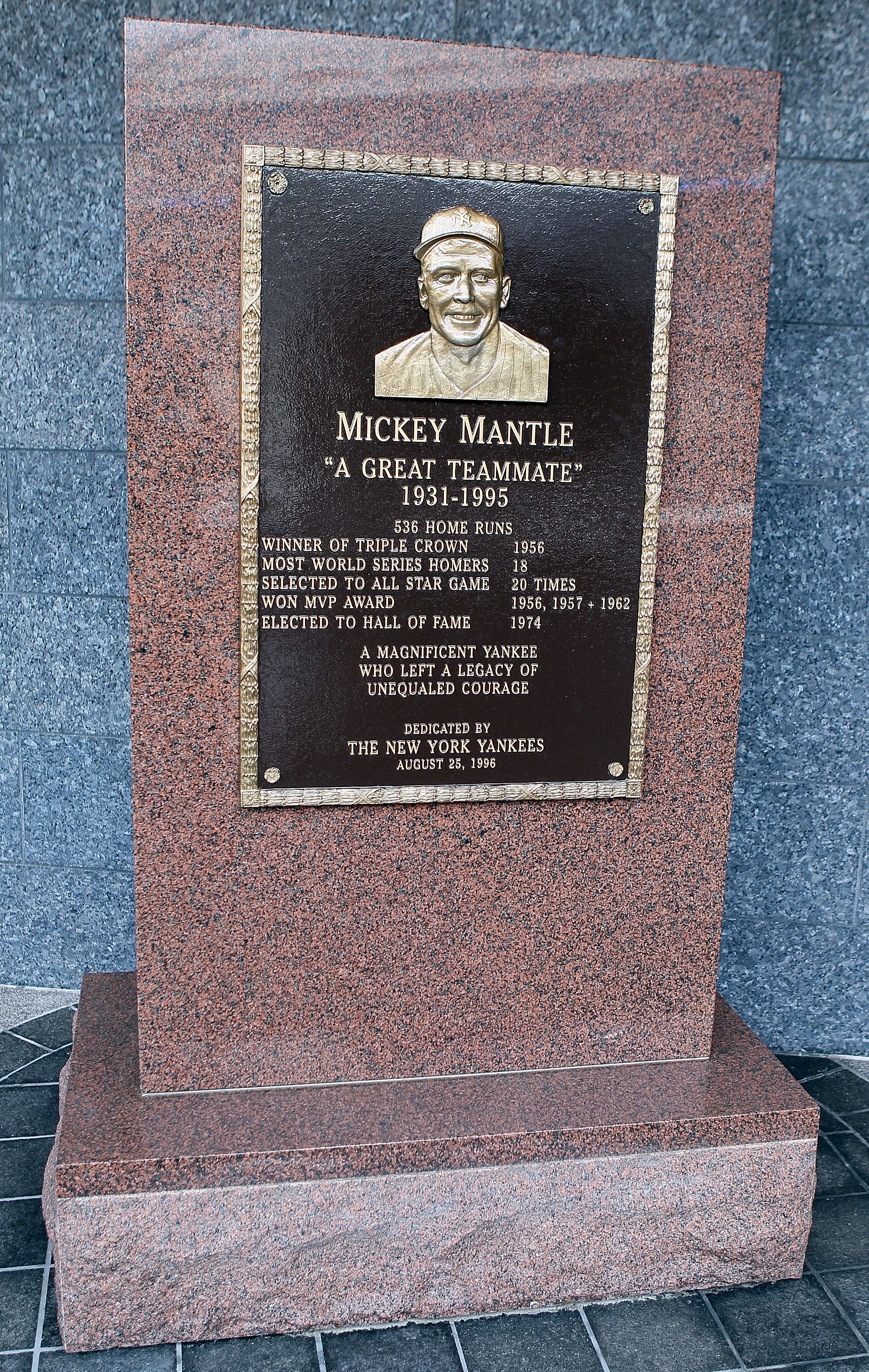 NEW YORK - MAY 02:  The monument of Mickey Mantle is seen in Monument Park at Yankee Stadium prior to game between the New York Yankees and the Chicago White Sox on May 2, 2010 in the Bronx borough of New York City. The Yankees defeated the White Sox 12-3