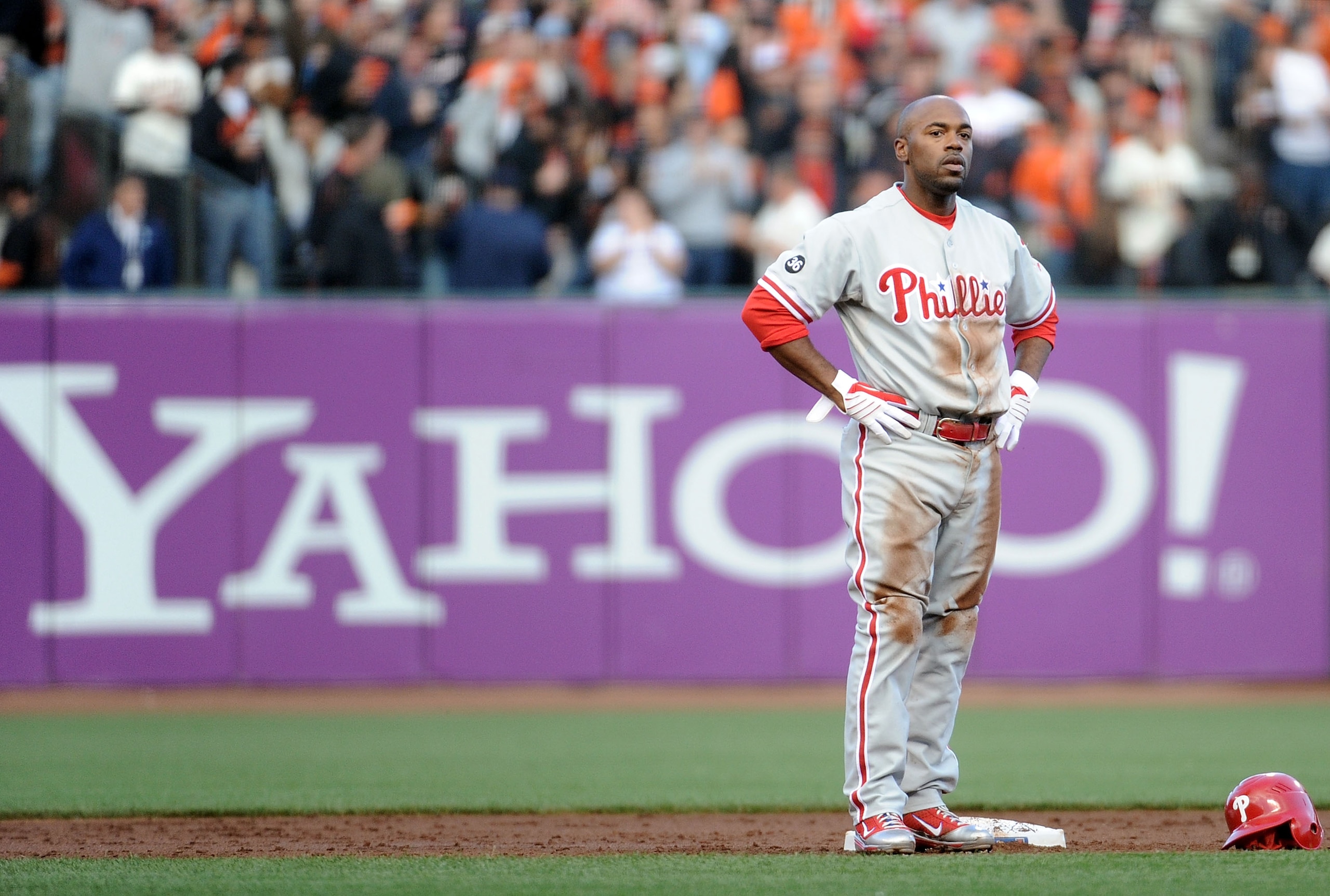 SAN FRANCISCO - OCTOBER 20:  Jimmy Rollins #11 of the Philadelphia Phillies stands at second base after being tagged out during Game Four of the NLCS against the San Francisco Giants in the 2010 MLB Playoffs at AT&T Park on October 20, 2010 in San Francis