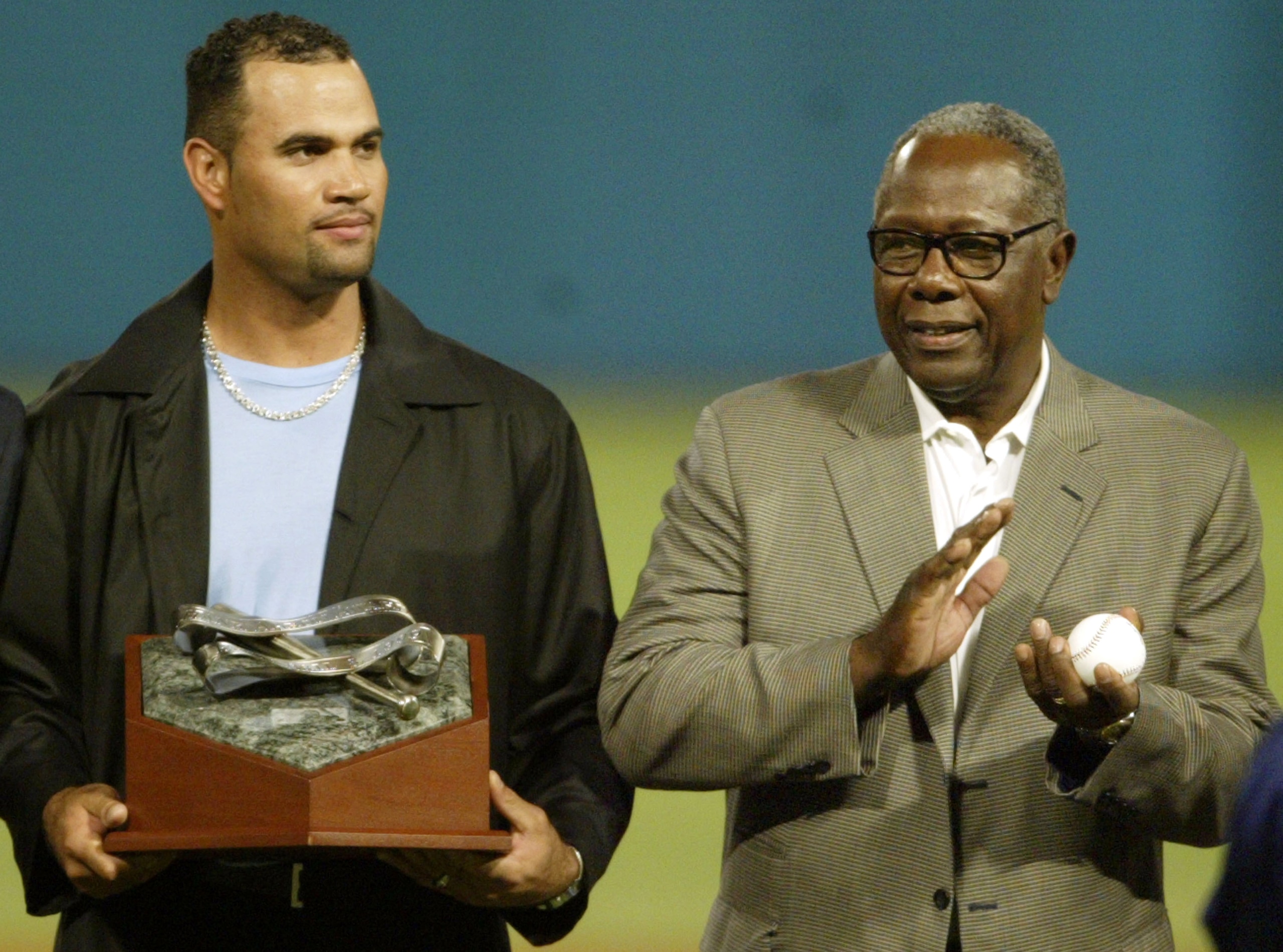 MIAMI - OCTOBER 22: Albert Pujols of the St. Louis Cardinals wins the National League Hank Aaron Award prior to game four of the Major League Baseball World Series between the New York Yankee and the Florida Marlins on October 22, 2003 at Pro Player Stad MIAMI - OCTOBER 22: Albert Pujols of the St. Louis Cardinals wins the National League Hank Aaron Award prior to game four of the Major League Baseball World Series between the New York Yankee and the Florida Marlins on October 22, 2003 at Pro Player Stad