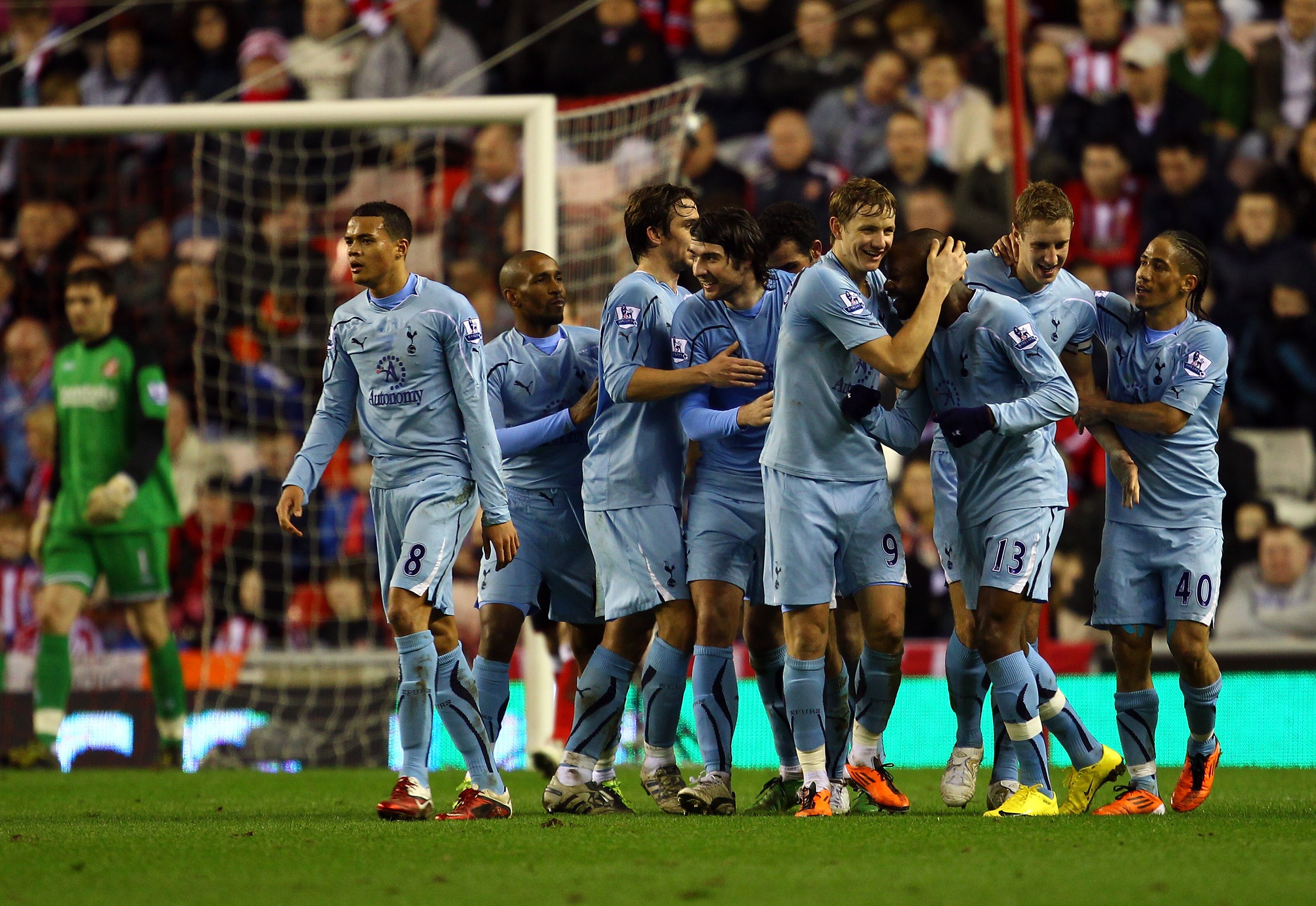 SUNDERLAND, ENGLAND - FEBRUARY 12:  Michael Dawson of Spurs is congratulated by team mates after scoring a header during the Barclays Premier League match between Sunderland and Tottenham Hotspur at the Stadium of Light on February 12, 2011 in Sunderland,