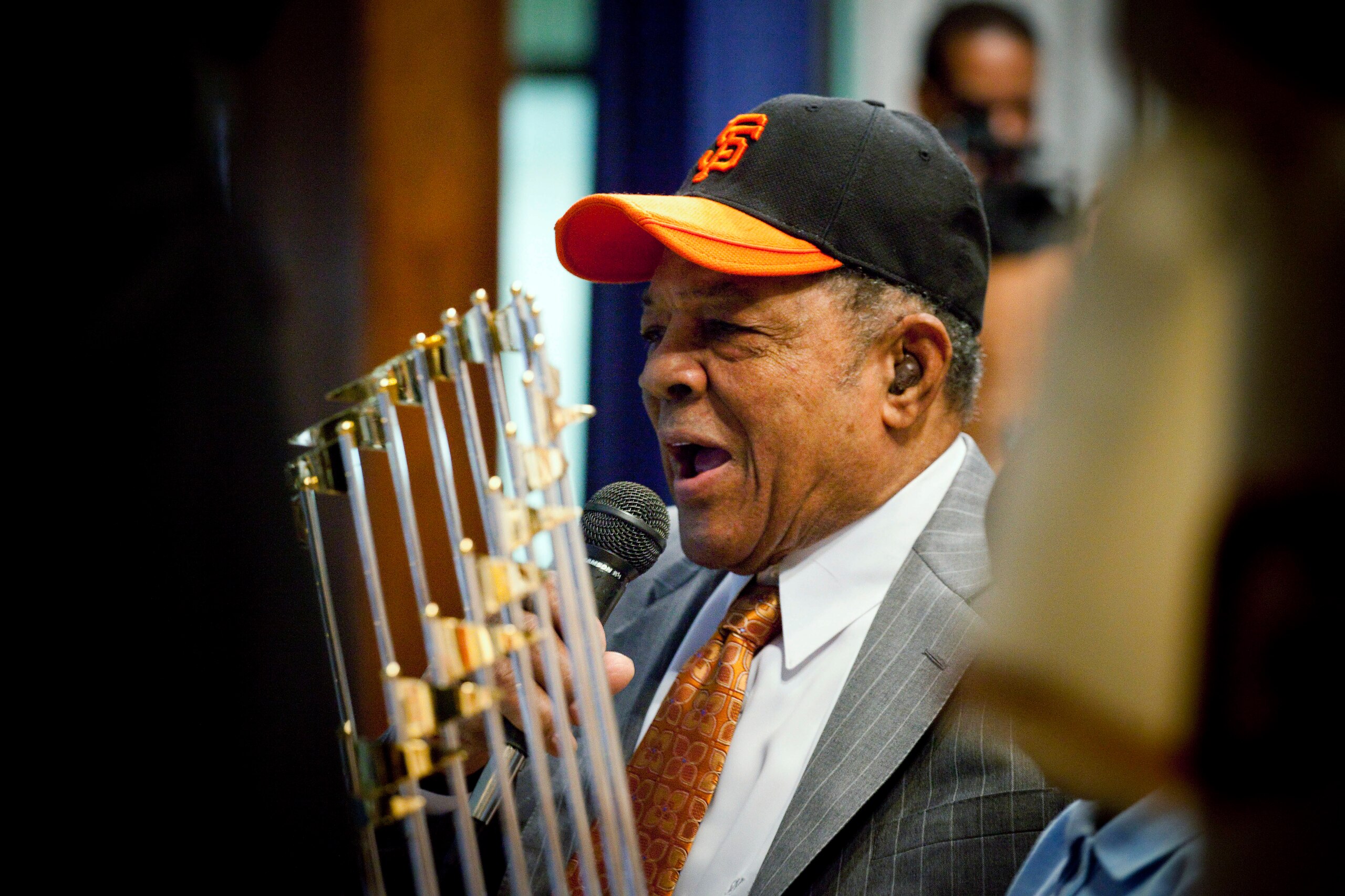 NEW YORK - JANURARY 21:  Willie Mays visits PS 46 in Harlem, next to the site of the former Polo Grounds, where the new York Giants played before moving to San Francisco in 1958, on Jan. 21, 2011 in New York City.  The Giants hadn't won the World Series s