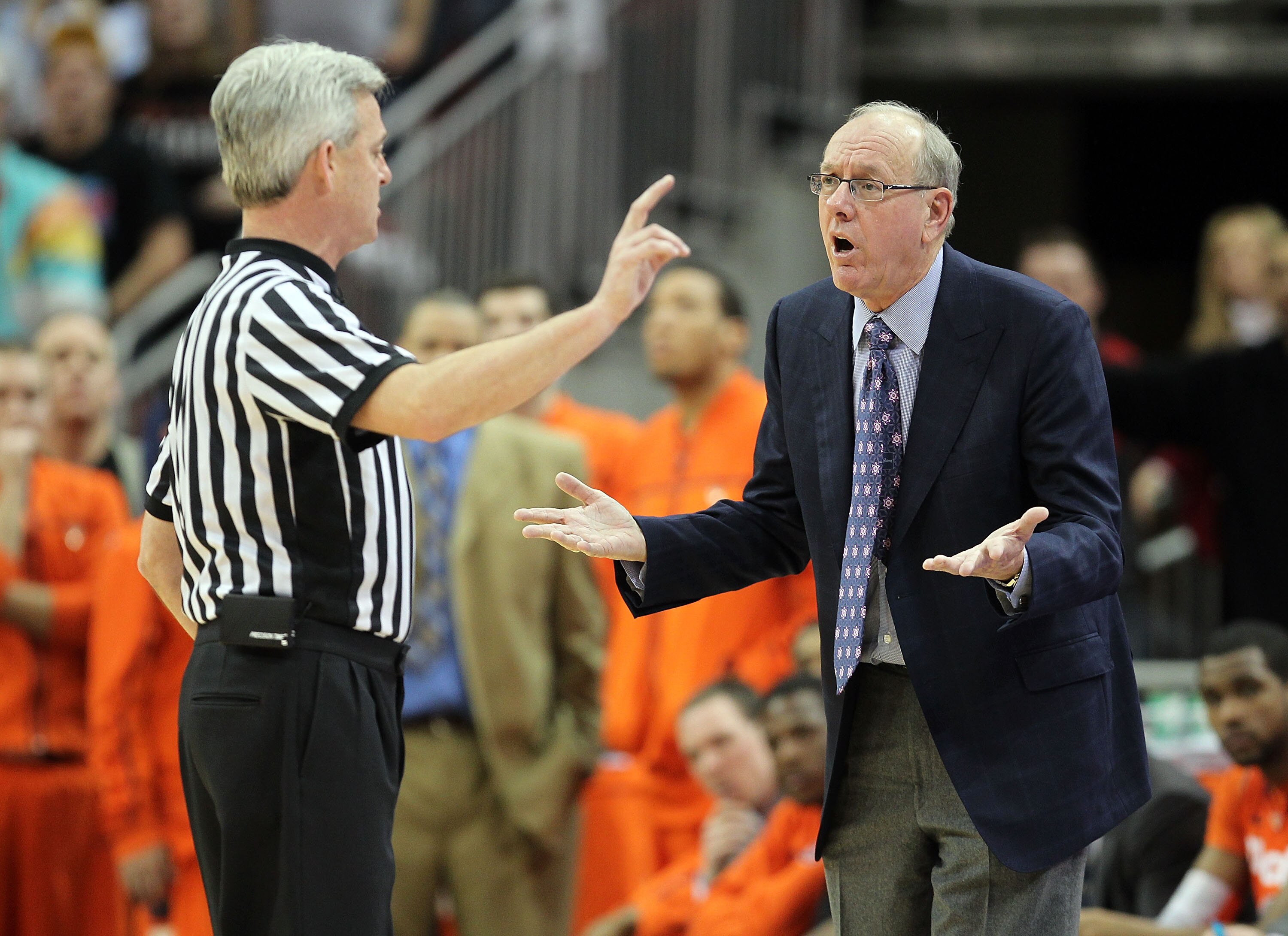 LOUISVILLE, KY - FEBRUARY 12:  Jim Boeheim the Head Coach of the Syracuse Orange argues with game offical Brian O'Connell during the Big East Conference game against the Louisville Cardinals at the KFC Yum! Center on February 12, 2011 in Louisville, Kentu