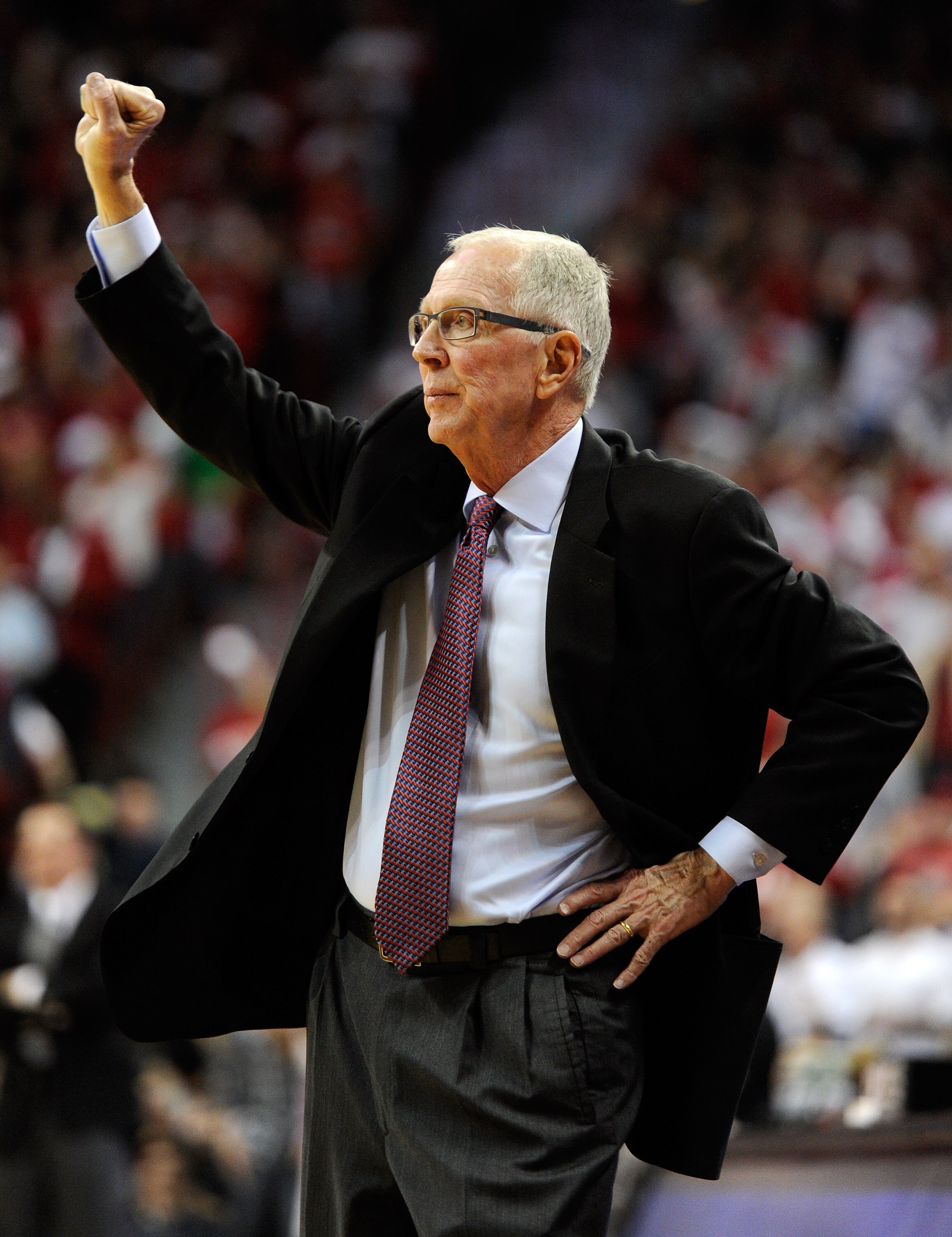 LAS VEGAS, NV - FEBRUARY 12:  Head coach Steve Fisher of the San Diego State Aztecs signals his players as they take on the UNLV Rebels at the Thomas & Mack Center February 12, 2011 in Las Vegas, Nevada. San Diego State won 63-57.  (Photo by Ethan Miller/
