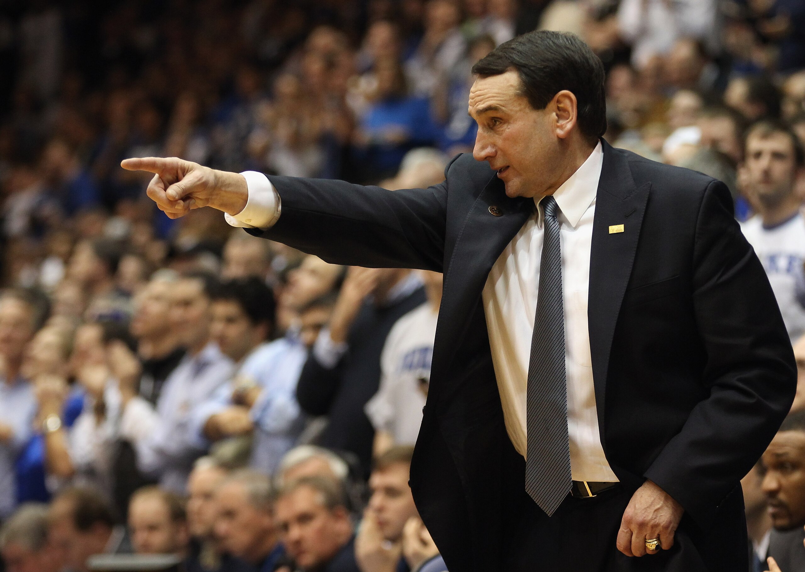 DURHAM, NC - FEBRUARY 09: Head coach Mike Krzyzewski of the Duke Blue Devils yells to his team during their game against the North Carolina Tar Heels at Cameron Indoor Stadium on February 9, 2011 in Durham, North Carolina. (Photo by Streeter Lecka/Getty DURHAM, NC - FEBRUARY 09: Head coach Mike Krzyzewski of the Duke Blue Devils yells to his team during their game against the North Carolina Tar Heels at Cameron Indoor Stadium on February 9, 2011 in Durham, North Carolina. (Photo by Streeter Lecka/Getty