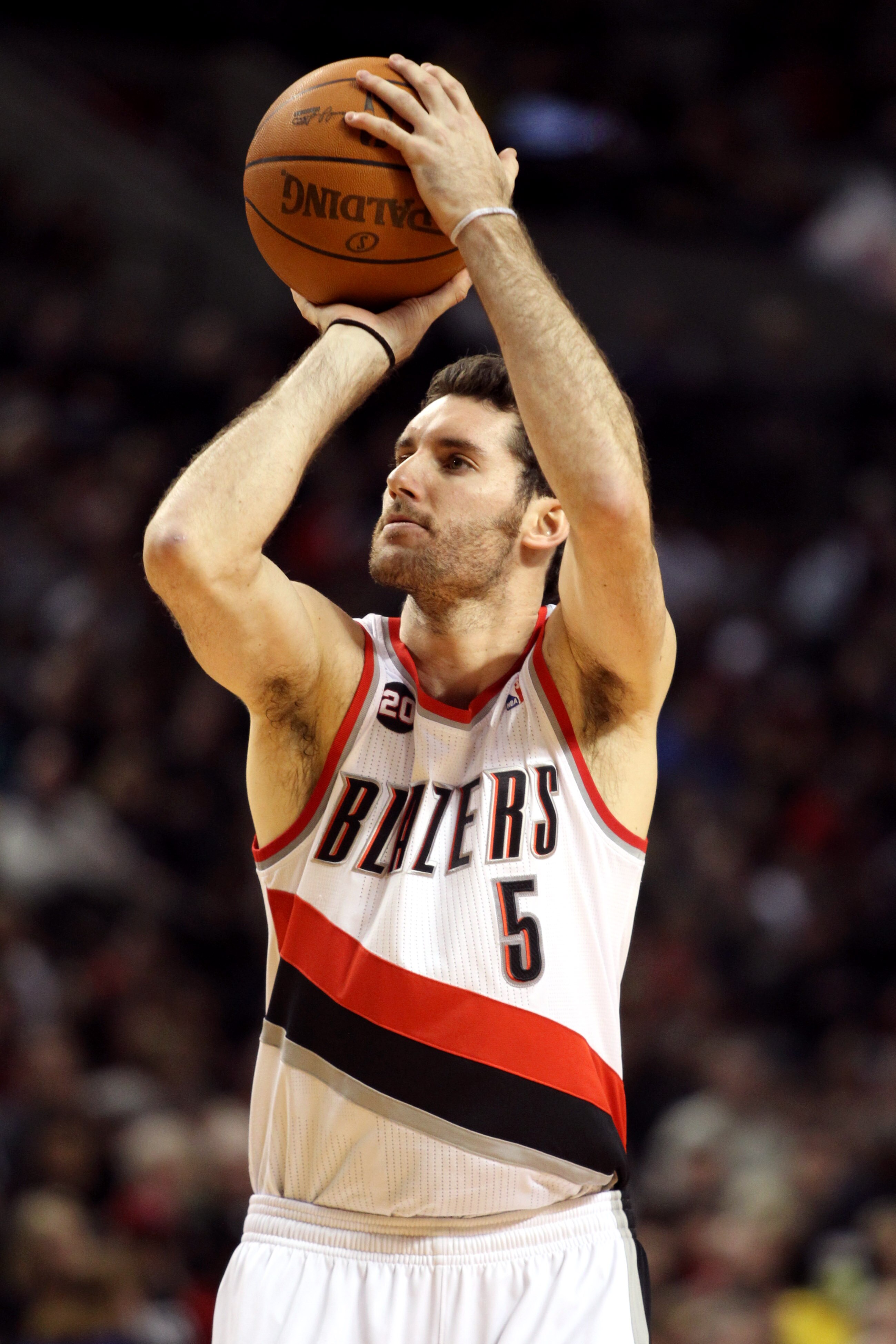 PORTLAND, OR - JANUARY 09: Rudy Fernandez #5 of the Portland Trail Blazers pulls up for a shot against the Miami Heat during a game on January 9, 2011 at the Rose Garden Arena in Portland, Oregon. NOTE TO USER: User expressly acknowledges and agrees that,
