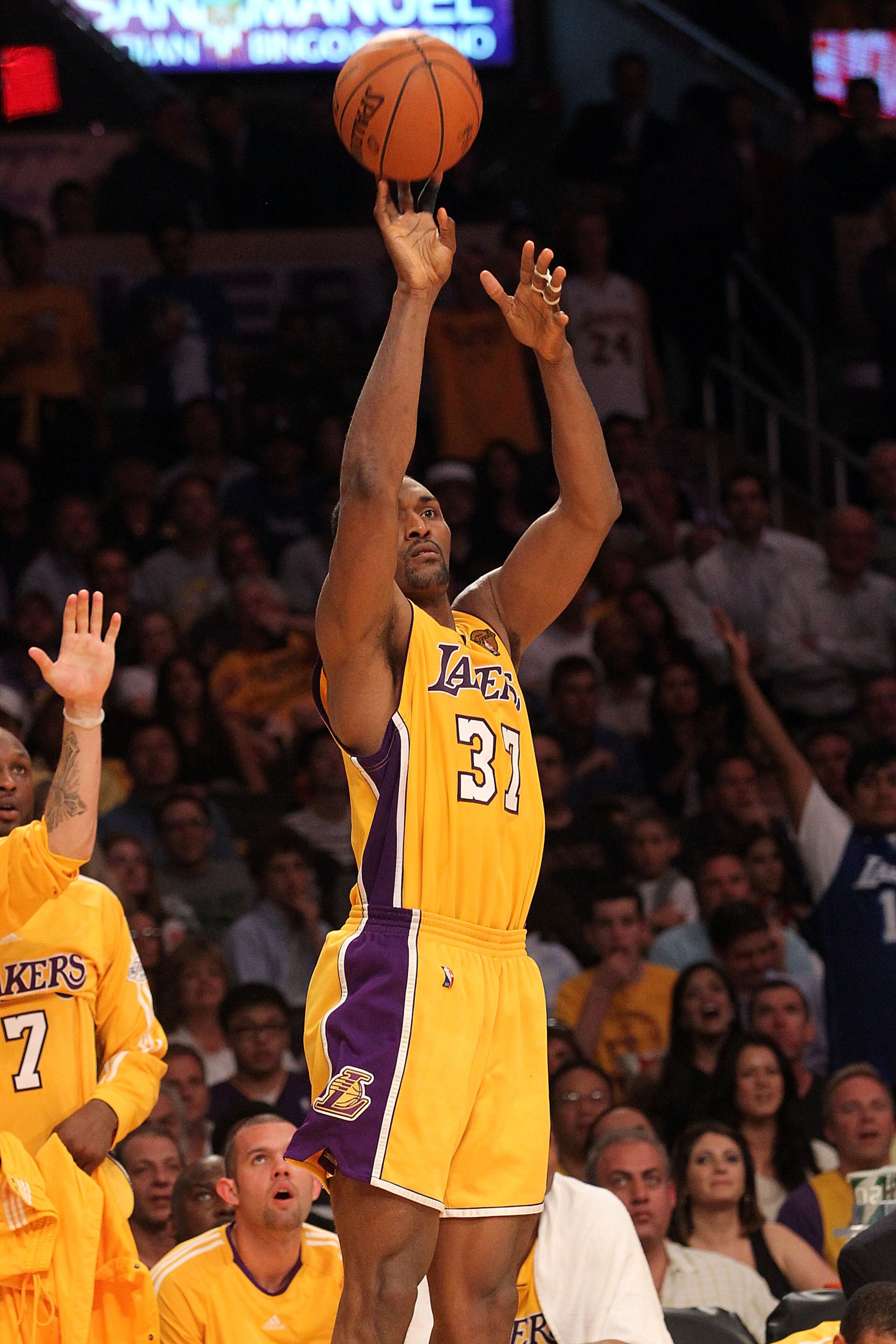 LOS ANGELES, CA - JUNE 15:  Ron Artest #37 of the Los Angeles Lakers shoots a three-pointer in Game Six of the 2010 NBA Finals against the Boston Celtics at Staples Center on June 15, 2010 in Los Angeles, California.  NOTE TO USER: User expressly acknowle