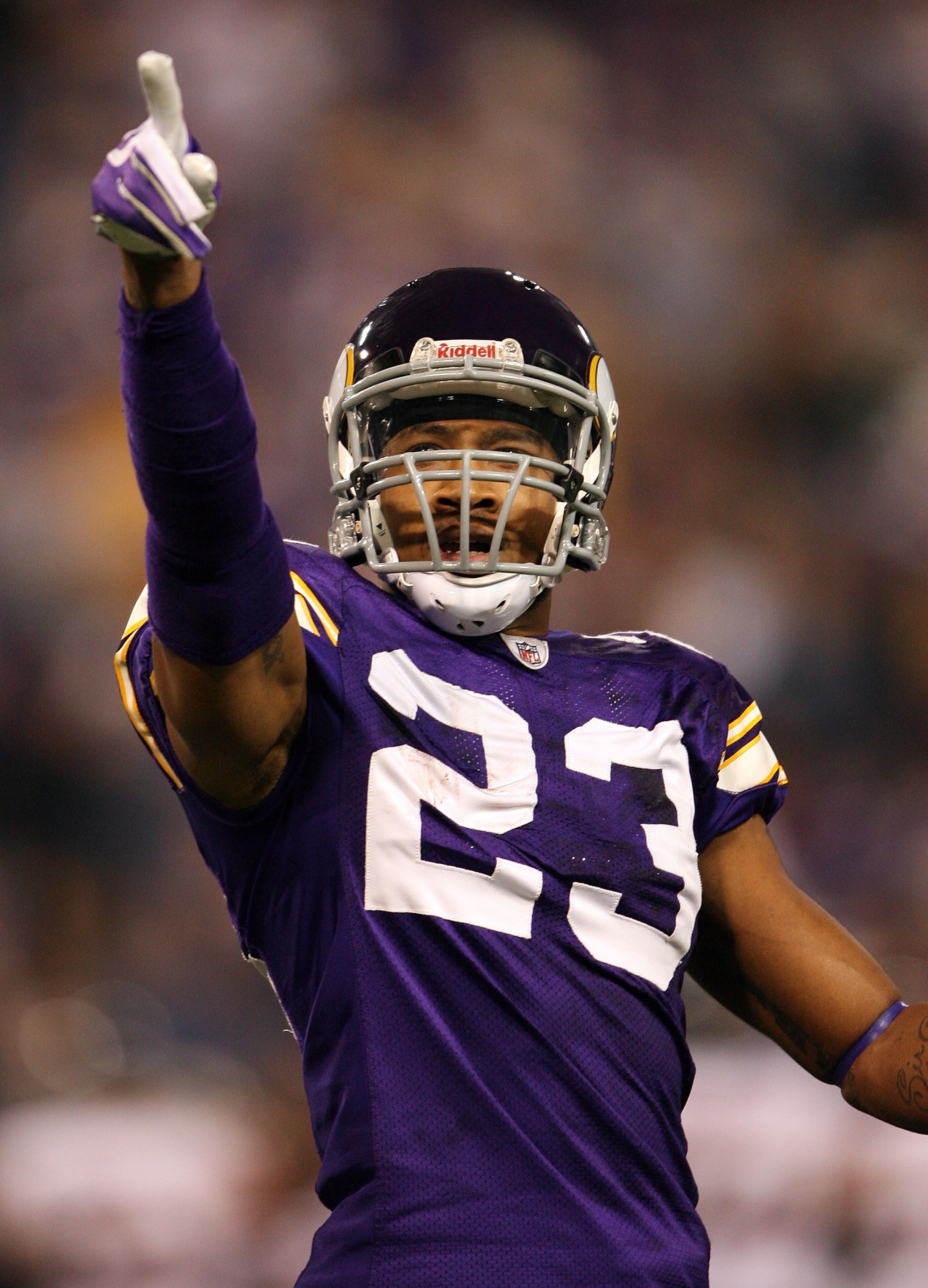 MINNEAPOLIS - NOVEMBER 29:  Cedric Griffin #23 of the Minnesota Vikings celebrates after he intercepted a  pass in the endzone in the first half against the Chicago Bears on November 29, 2009 at Hubert H. Humphrey Metrodome in Minneapolis, Minnesota.  (Ph