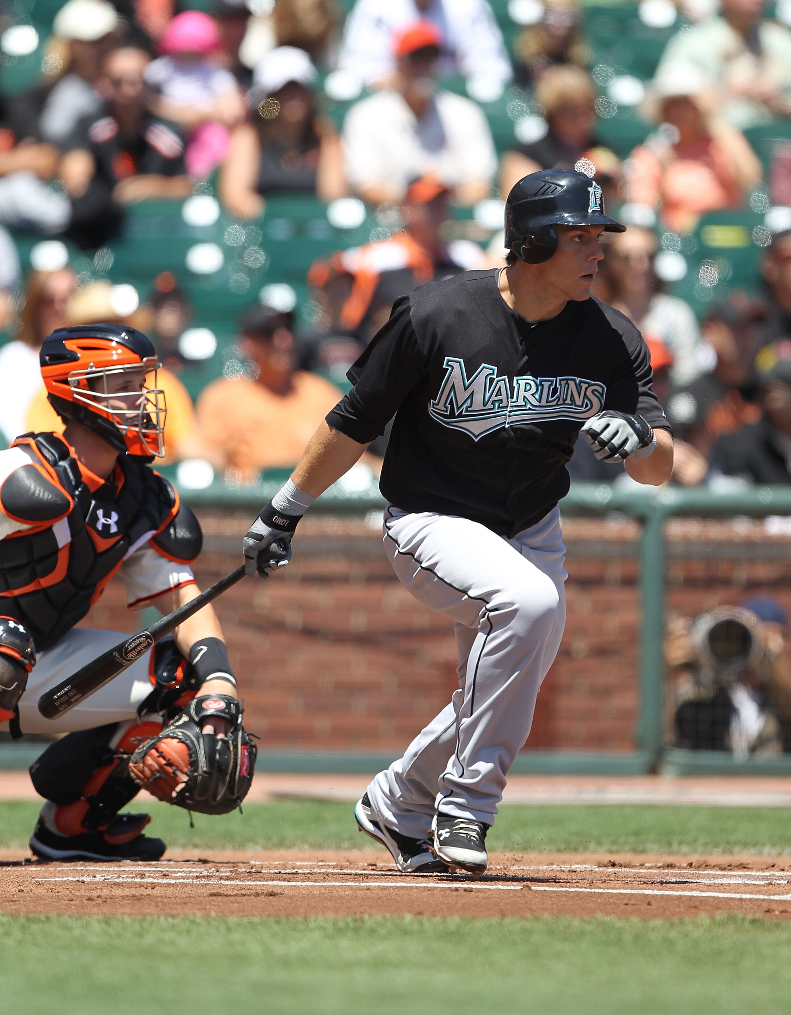 SAN FRANCISCO - JULY 29:  Logan Morrison #20 of the Florida Marlins bats against the San Francisco Giants during an MLB game at AT&T Park on July 29, 2010 in San Francisco, California.  (Photo by Jed Jacobsohn/Getty Images)