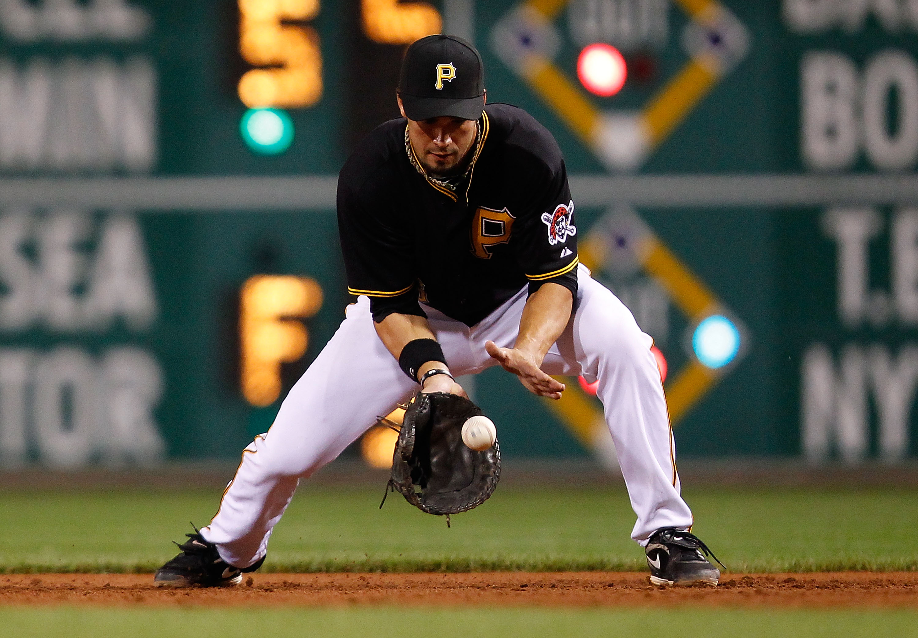 PITTSBURGH - SEPTEMBER 21:  Garrett Jones #46 of the Pittsburgh Pirates fields a ground ball during the game against the St Louis Cardinals on September 21, 2010 at PNC Park in Pittsburgh, Pennsylvania.  (Photo by Jared Wickerham/Getty Images)