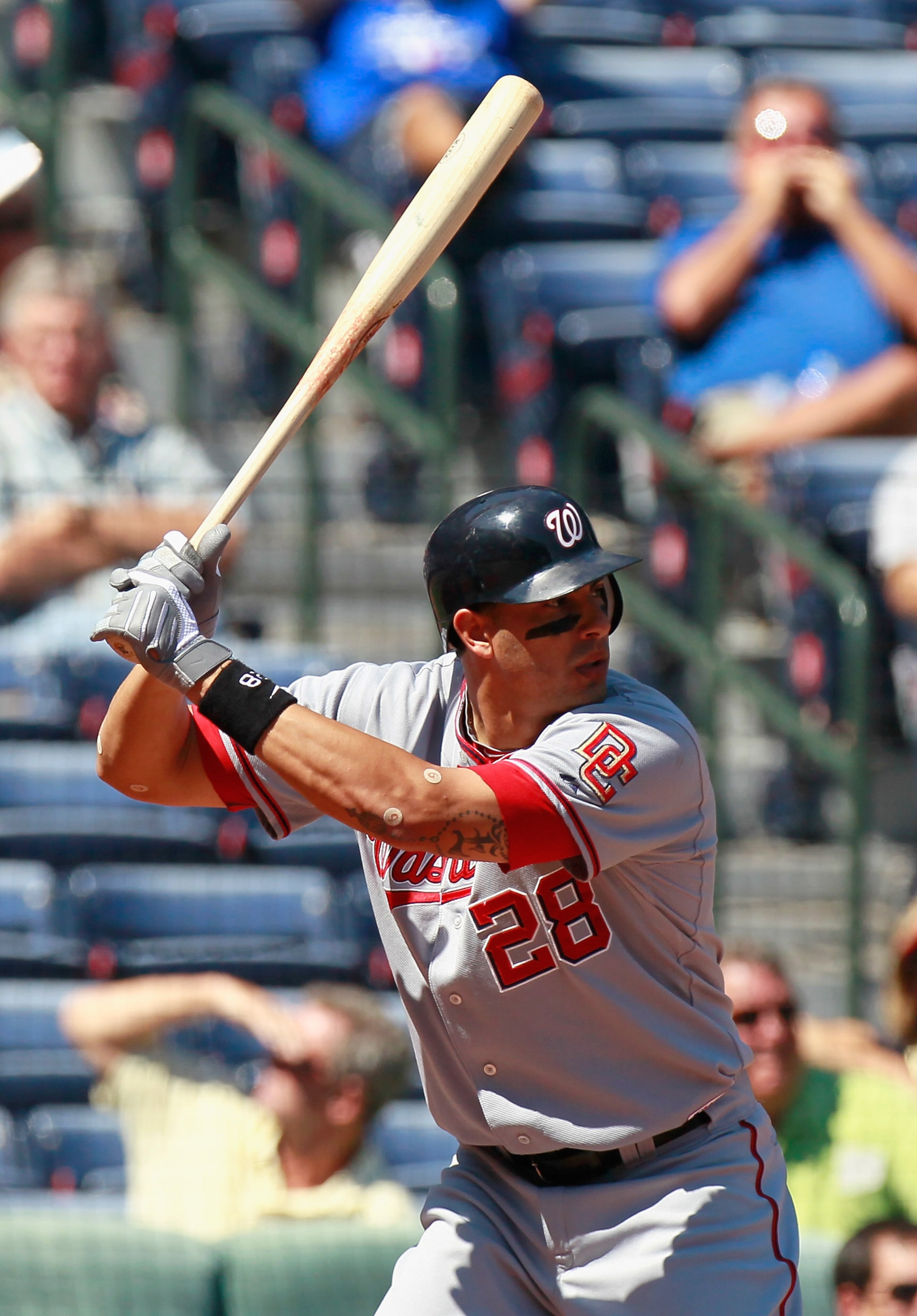 ATLANTA - SEPTEMBER 15:  Mike Morse #28 of the Washington Nationals against the Atlanta Braves at Turner Field on September 15, 2010 in Atlanta, Georgia.  (Photo by Kevin C. Cox/Getty Images)