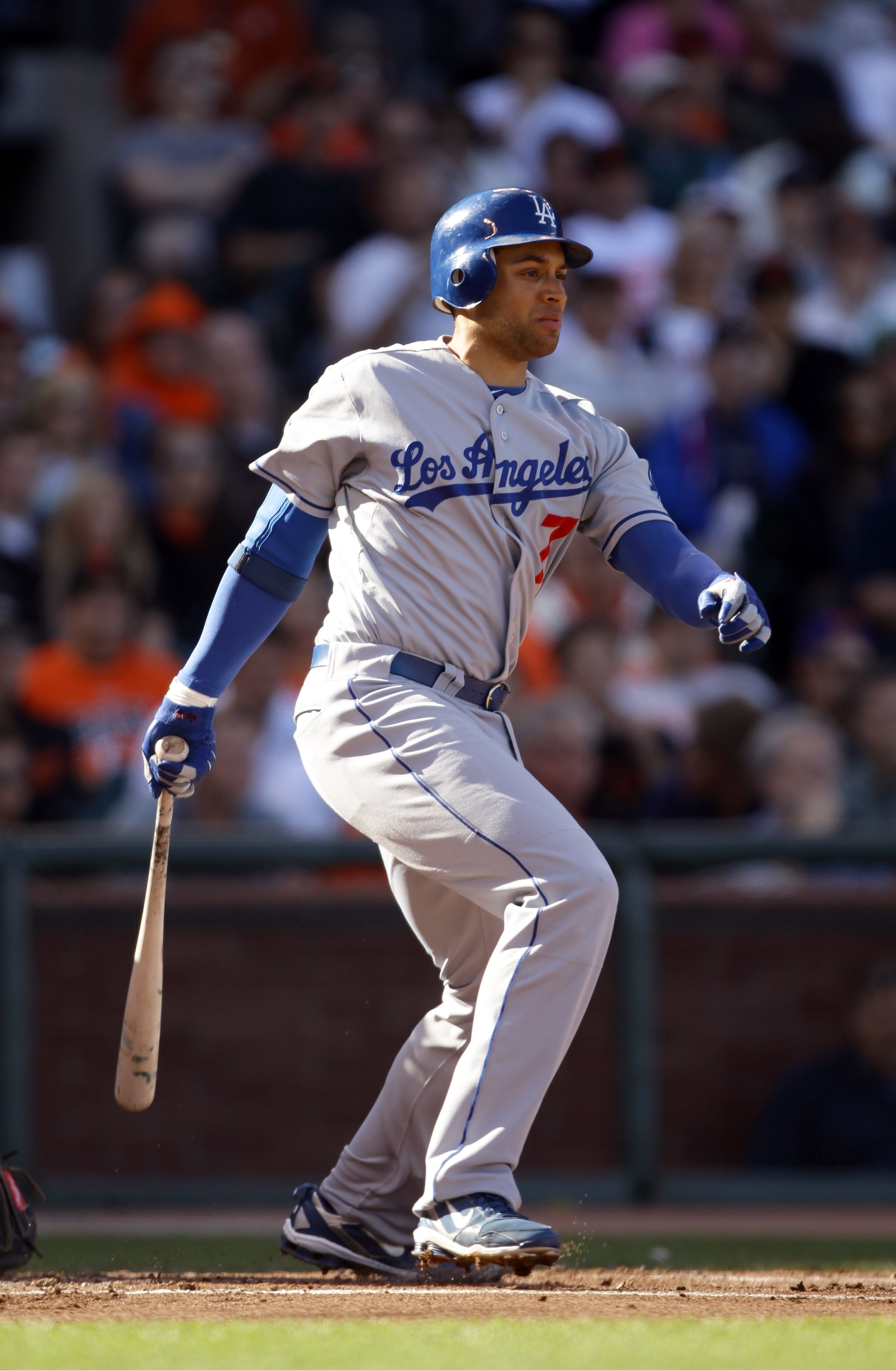 SAN FRANCISCO - AUGUST 01:  James Loney #7 of the Los Angeles Dodgers bats against the San Francisco Giants at AT&T Park on August 1, 2010 in San Francisco, California.  (Photo by Ezra Shaw/Getty Images)