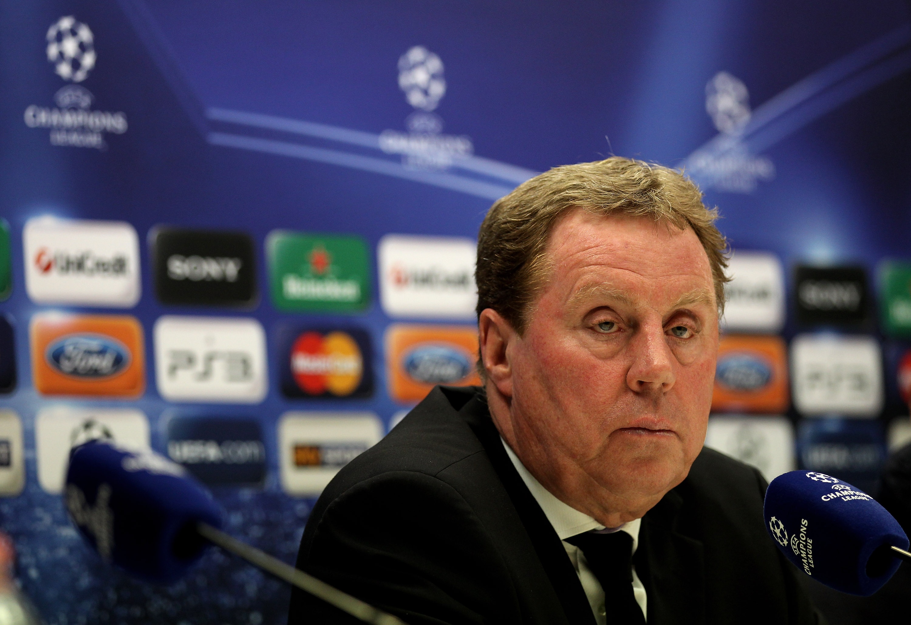 MILAN, ITALY - FEBRUARY 14:  Tottenham Hotspur Manager Harry Redknapp answers questions during a press conference on the day before the UEFA Champions League Round of 16, 1st leg match between AC Milan and Tottenham Hotspur at the San Siro Stadium on Febr