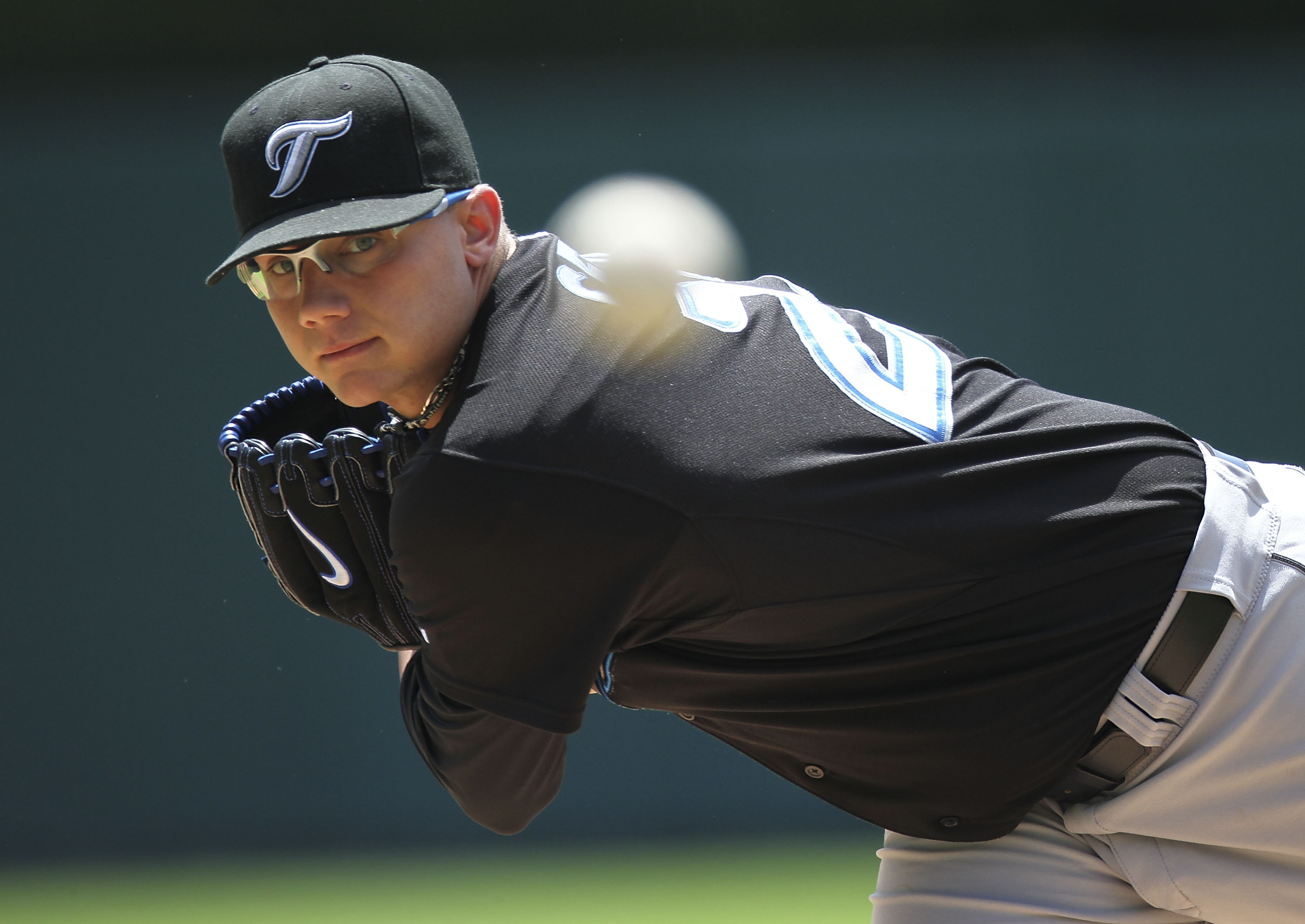DETROIT - JULY 25: Brett Cecil #27 of the Toronto Blue Jays warms up prior to the start of the game aginst the Detroit Tigers on July 25, 2010 at Comerica Park in Detroit, Michigan. The Blue Jays defeated the Tigers 5-3. (Photo by Leon Halip/Getty Images)