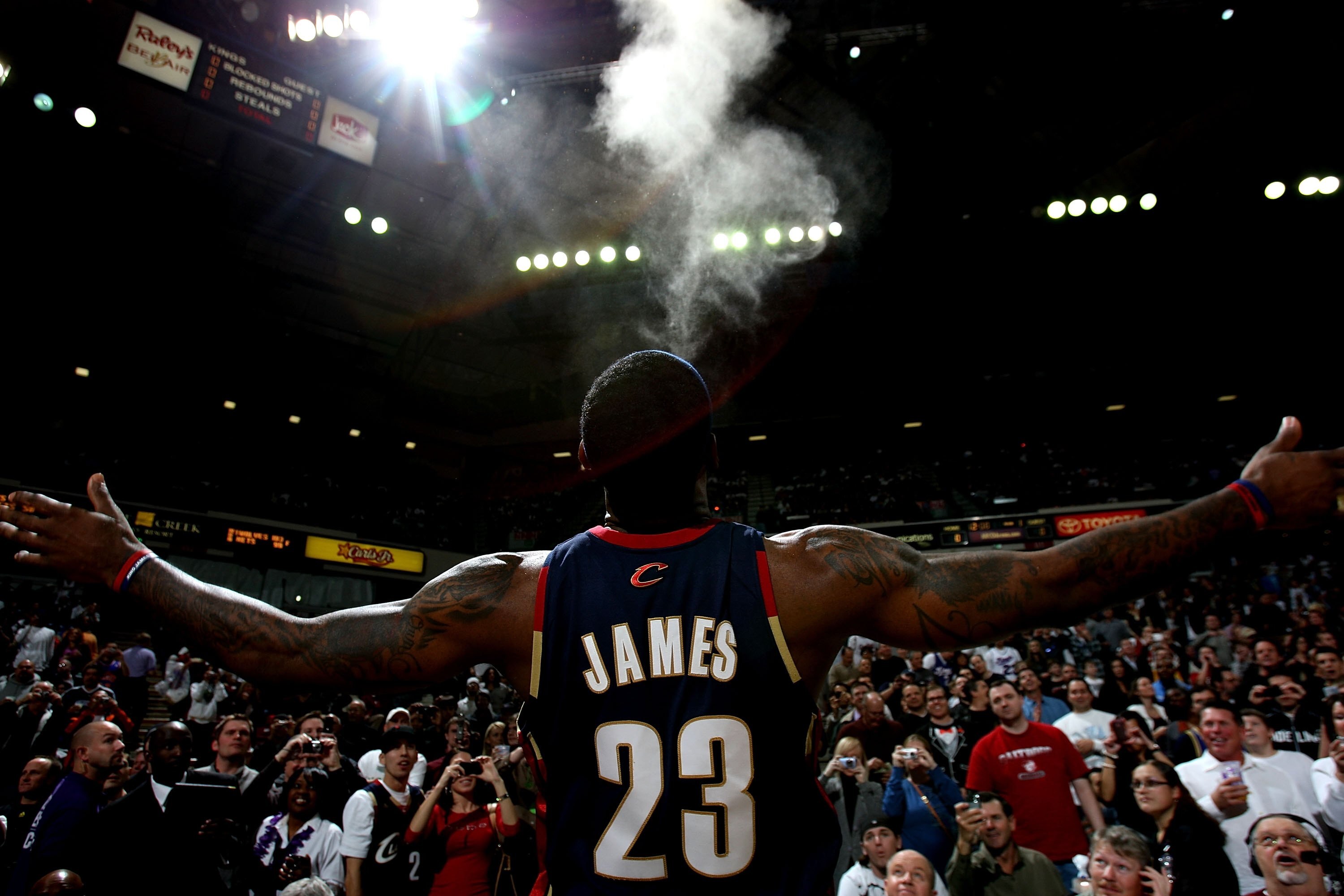 SACRAMENTO, CA - DECEMBER 23:  LeBron James #23 of the Cleveland Cavaliers sprays chalk before his game against the Sacramento Kings during an NBA game at ARCO Arena on December 23, 2009 in Sacramento, California.  NOTE TO USER: User expressly acknowledge