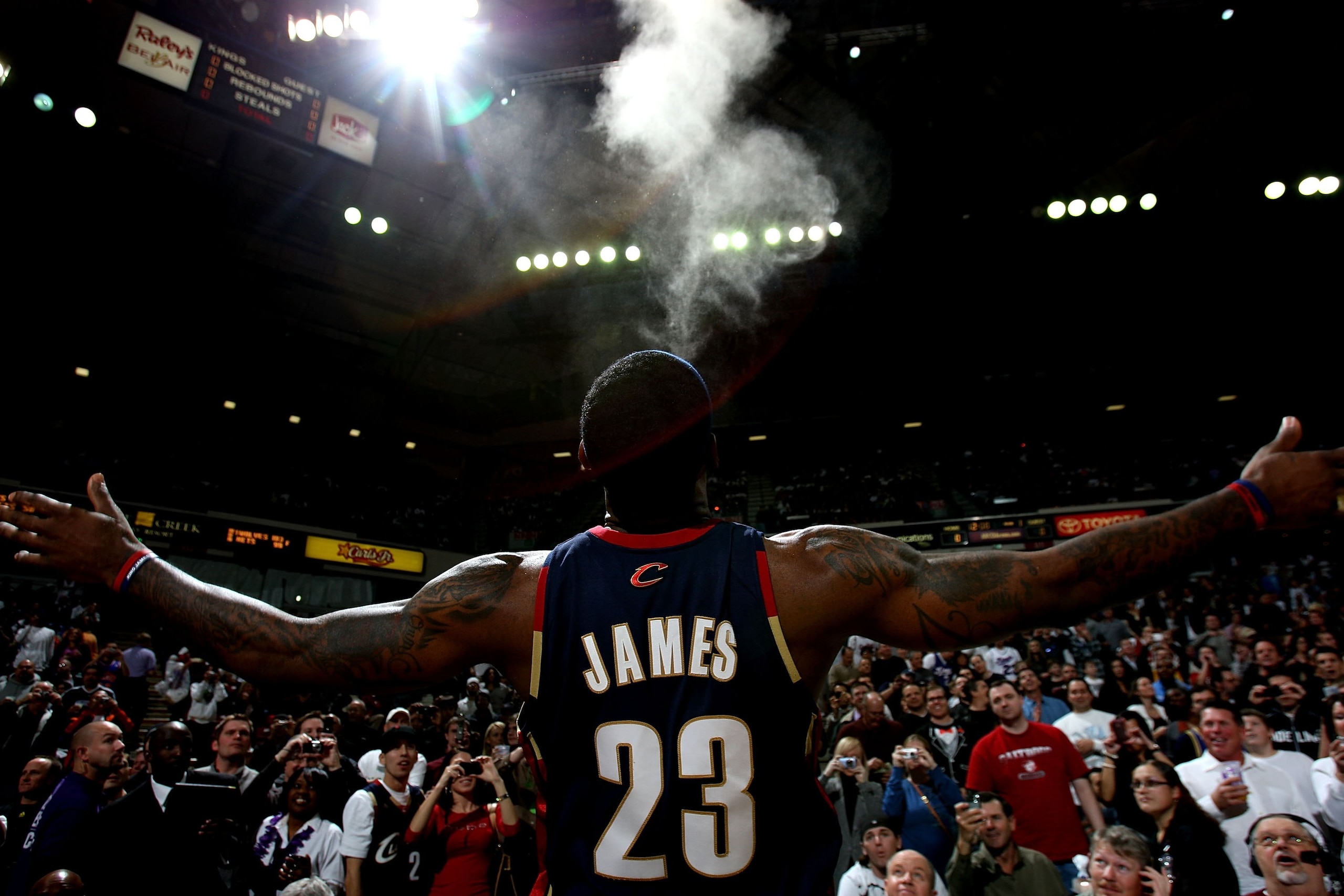 SACRAMENTO, CA - DECEMBER 23:  LeBron James #23 of the Cleveland Cavaliers sprays chalk before his game against the Sacramento Kings during an NBA game at ARCO Arena on December 23, 2009 in Sacramento, California.  NOTE TO USER: User expressly acknowledge