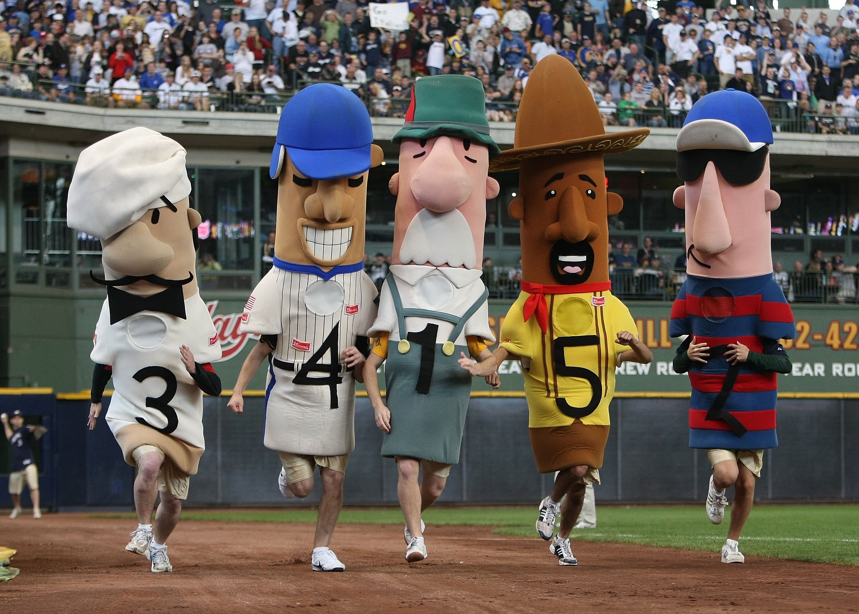 MILWAUKEE - MAY 15: The 'Racing Sausages' compete in the 6th inning of a game between the Milwaukee Brewers and the Los Angeles Dodgers on May 15, 2008 at Miller Park in Milwaukee, Wisconsin. The Dodgers defeated the Brewers 7-2. (Photo by Jonathan Daniel