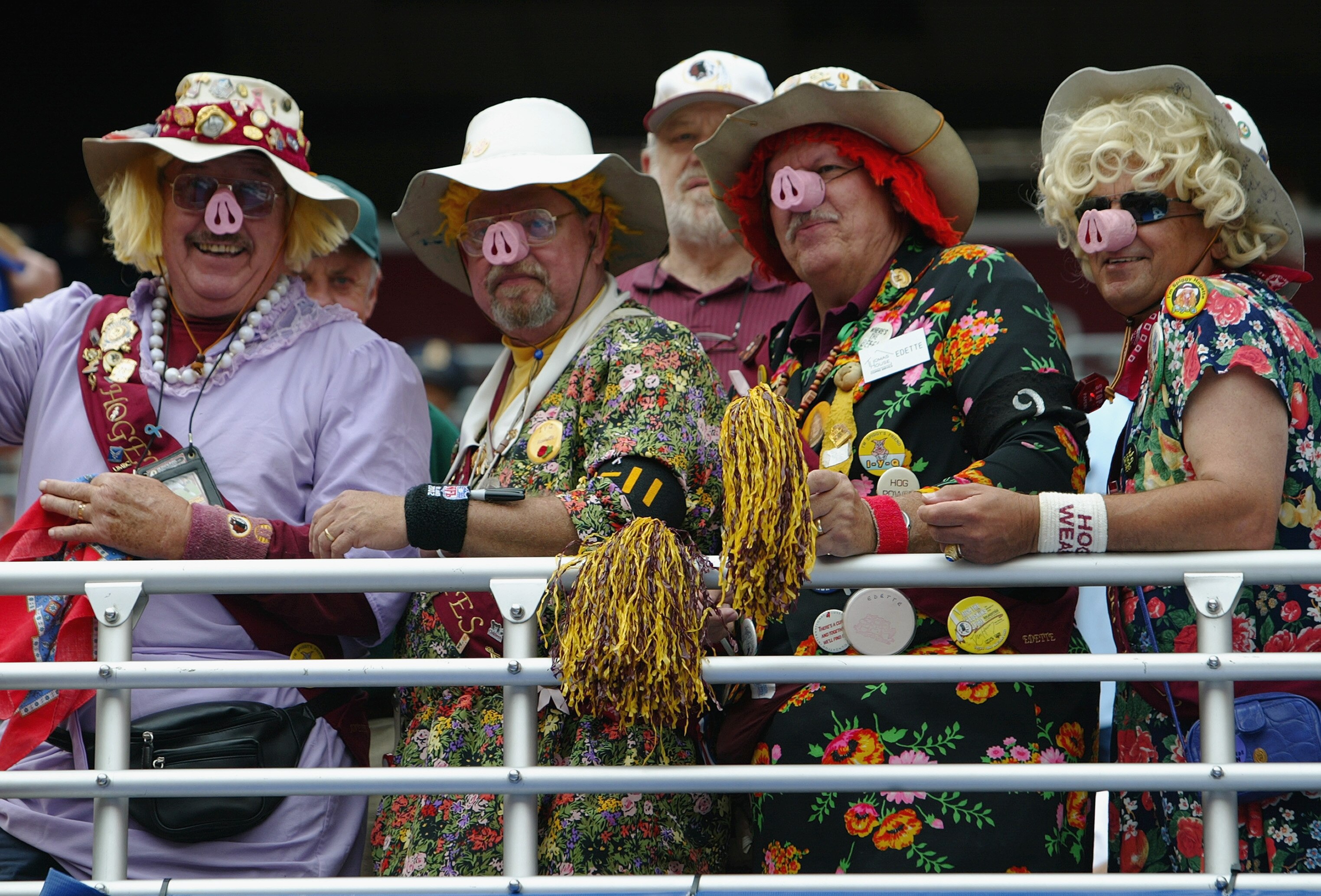 LANDOVER, MD - SEPTEMBER 28:  The Hogettes cheer on the Redskins during a game between the New England Patriots and the Washington Redskins on September 28, 2003 at FedEx Field in Landover, Maryland. The Redskins defeated the Patriots 20-17. (Photo by Jam