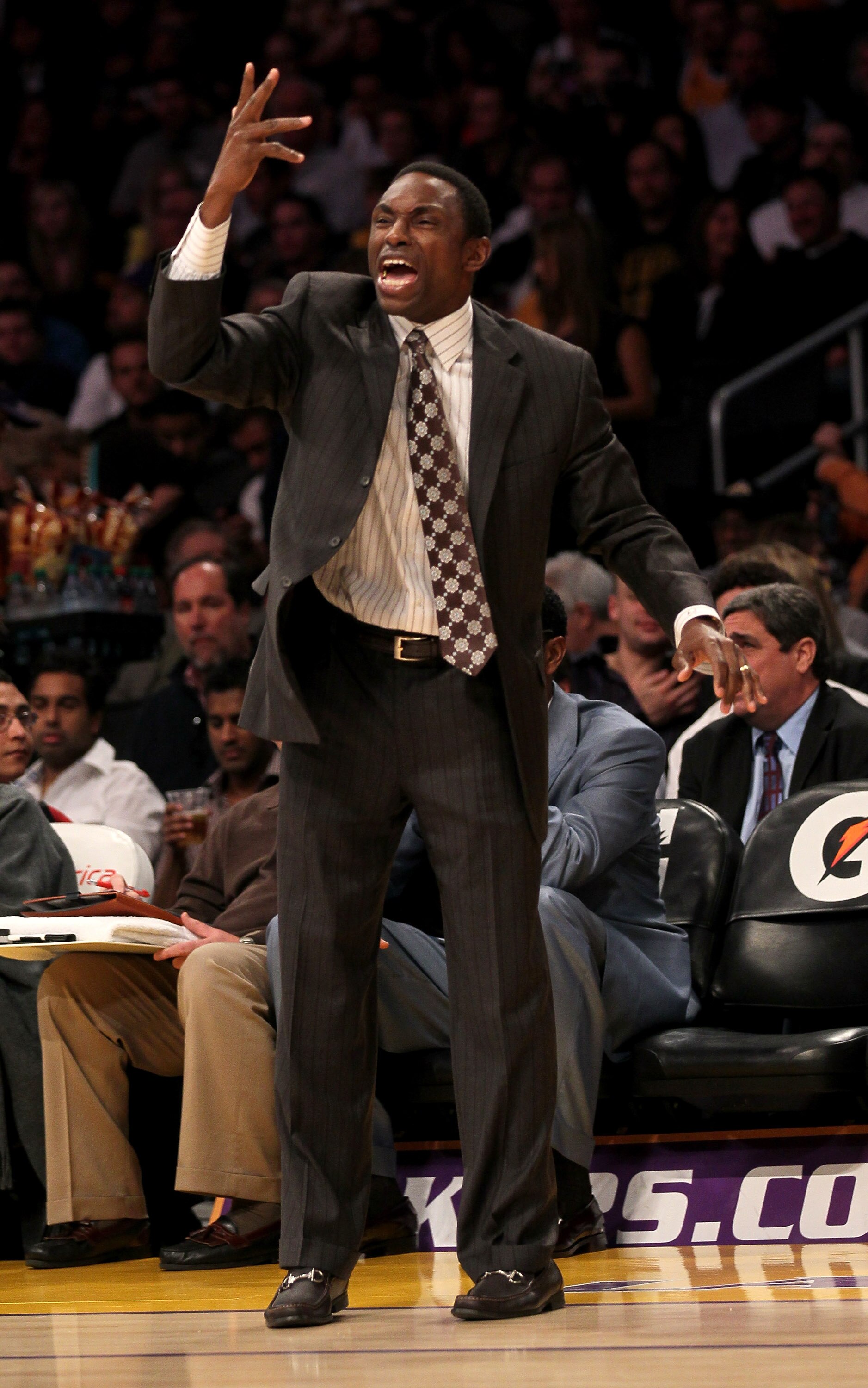 LOS ANGELES, CA - JANUARY 14:  Head coach Avery Johnson of the New Jersey Nets shouts instructions in the game with the Los Angeles Lakers at Staples Center on January 14, 2011 in Los Angeles, California.  NOTE TO USER: User expressly acknowledges and agr