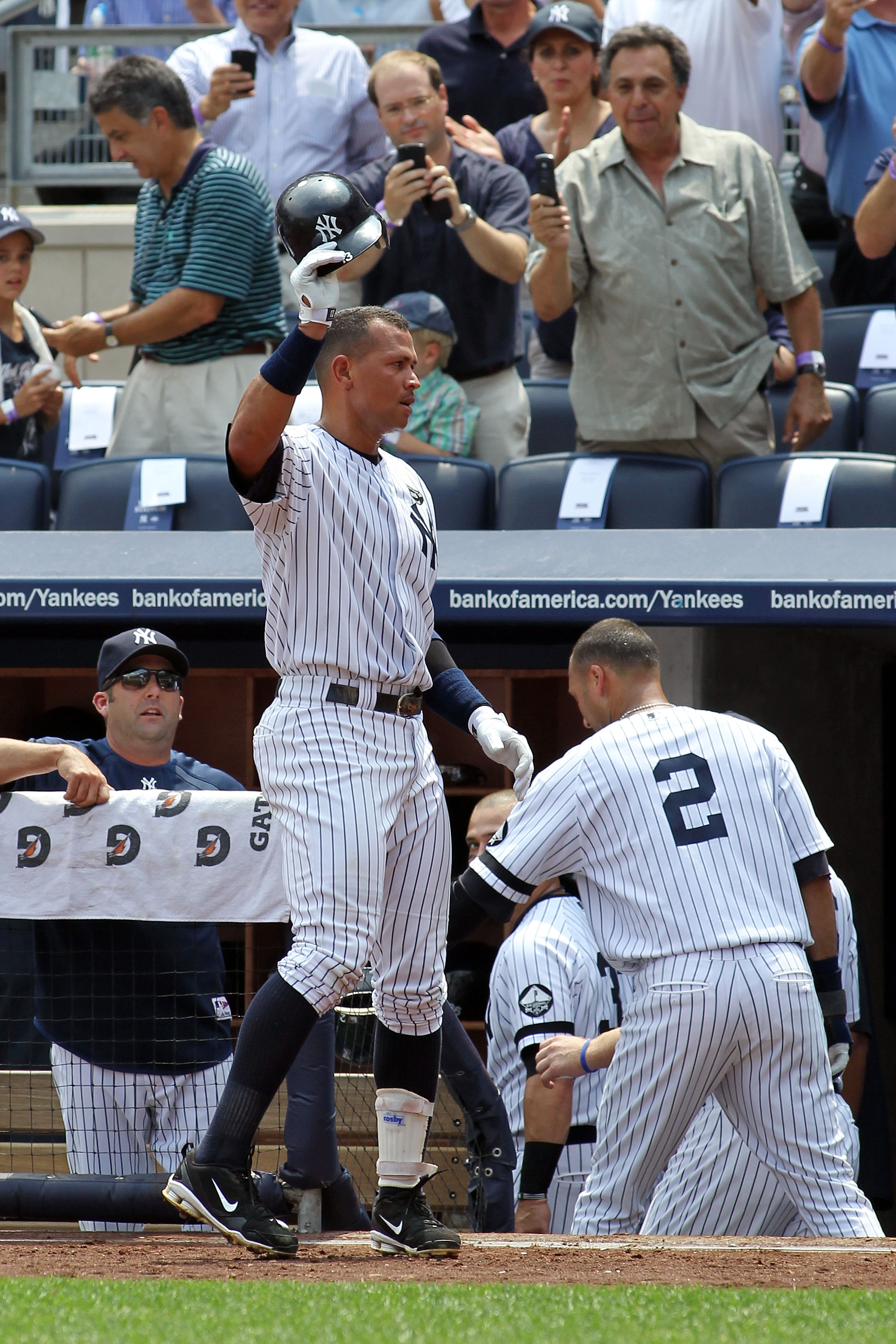NEW YORK - AUGUST 04:  Alex Rodriguez #13 of the New York Yankees takes a curtain call after hitting the 600th home run of his career in the first inning against the Toronto Blue Jays on August 4, 2010 at Yankee Stadium in the Bronx borough of New York Ci