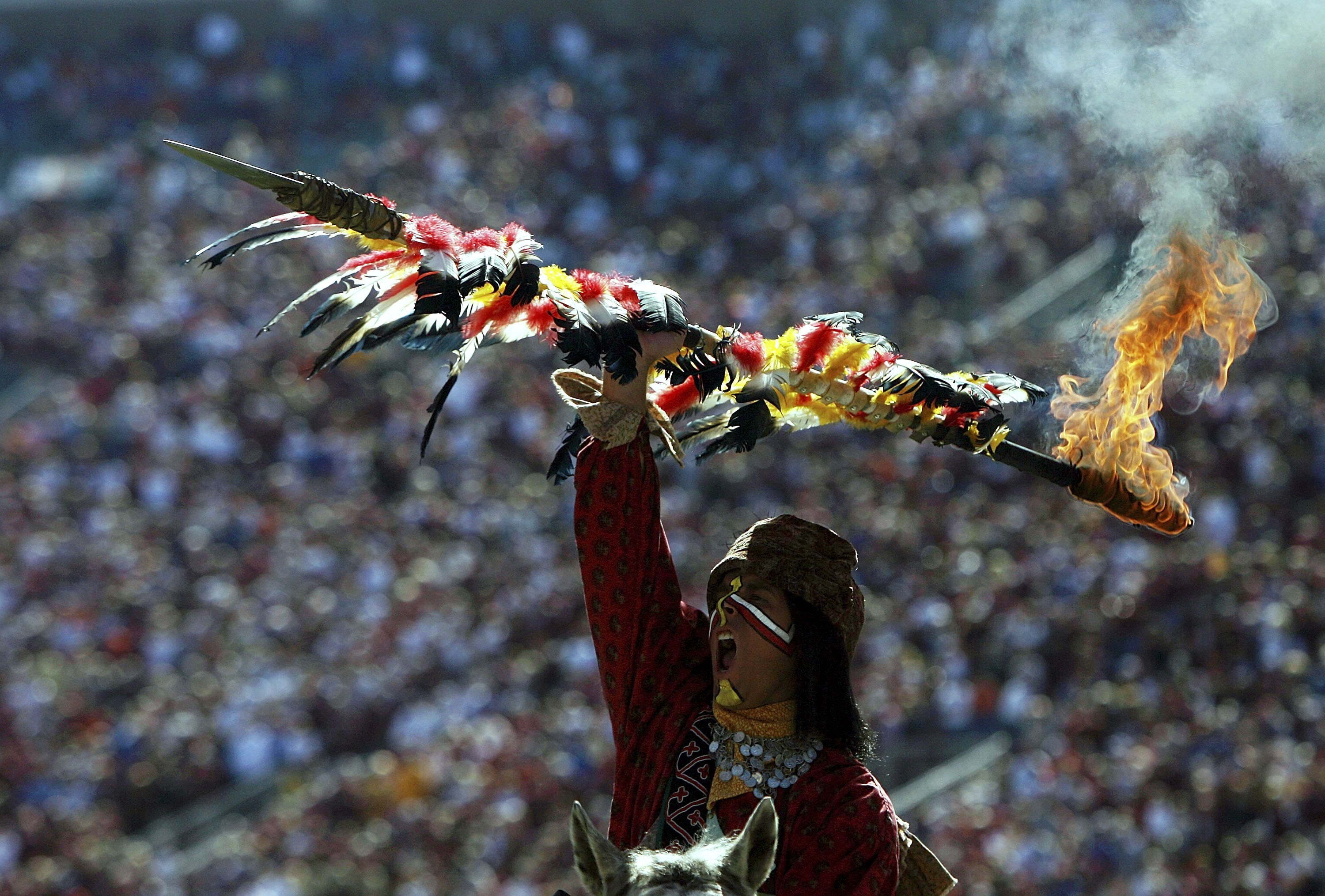 TALLAHASSEE, FL - NOVEMBER 25:  Chief Osceola of the Florida State Seminoles holds up a flaming spear during the pre-game ceremony before taking on the Florida Gators at Doak Campbell Stadium November 25, 2006 in Tallahassee, Florida. Florida defeated Flo