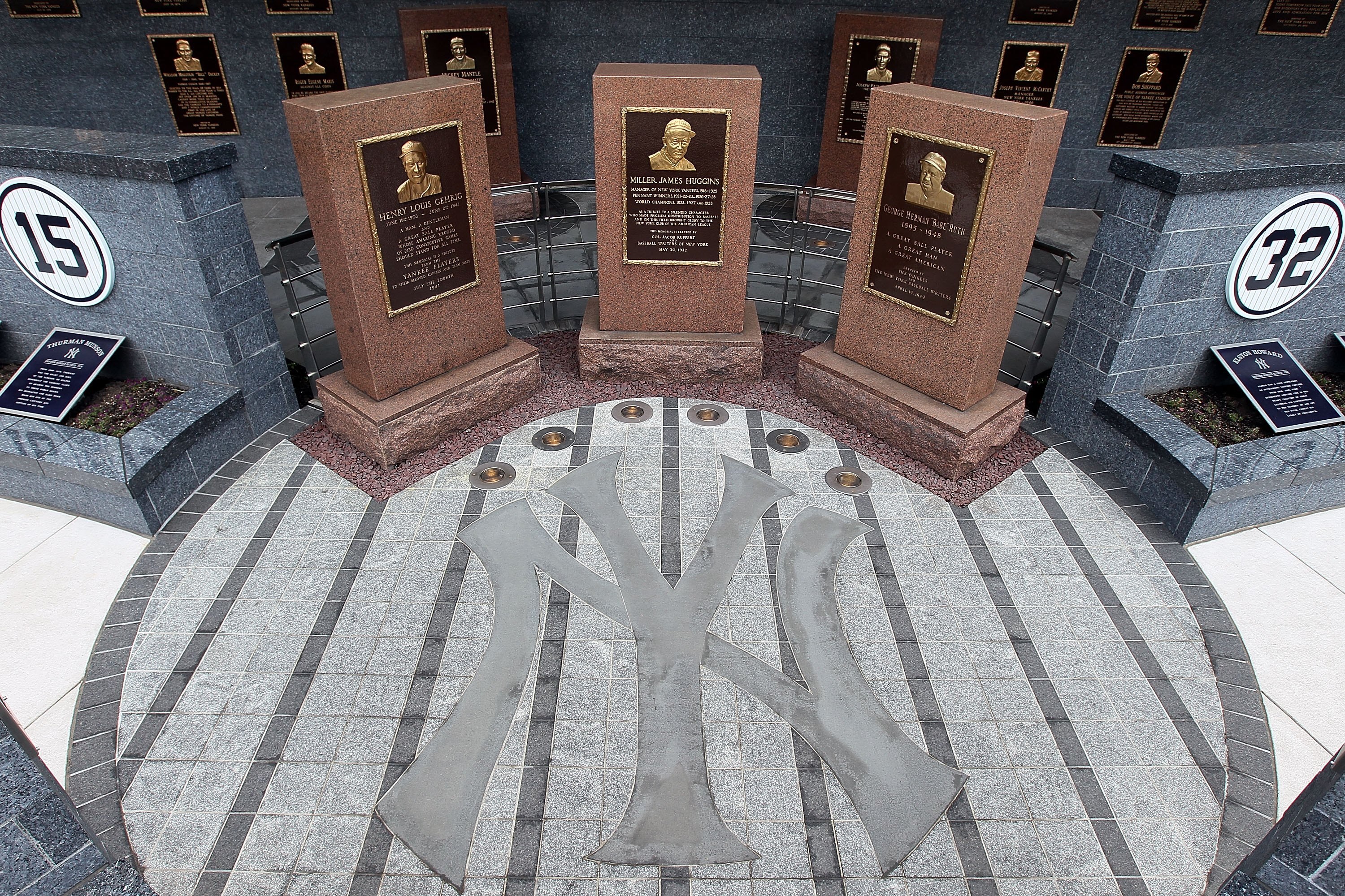 NEW YORK - MAY 02:  The monuments of (L-R) Lou Gehrig, Miller Huggins, and Babe Ruth are seen in Monument Park at Yankee Stadium prior to game between the New York Yankees and the Chicago White Sox on May 2, 2010 in the Bronx borough of New York City. The