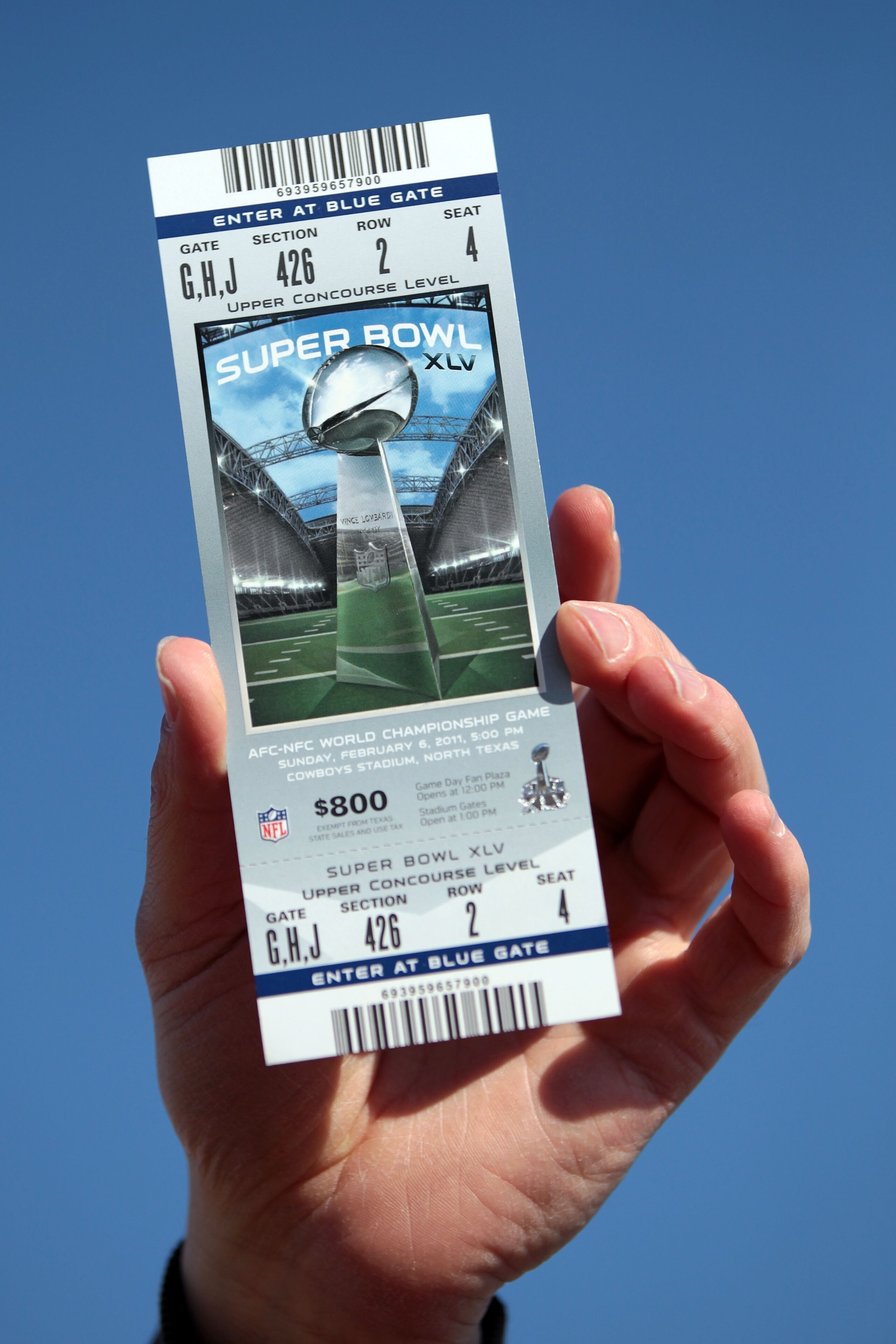 ARLINGTON, TX - FEBRUARY 06: A fan holds up a ticket to Super Bowl XLV at Cowboys Stadium on February 6, 2011 in Arlington, Texas.  (Photo by Jamie Squire/Getty Images)