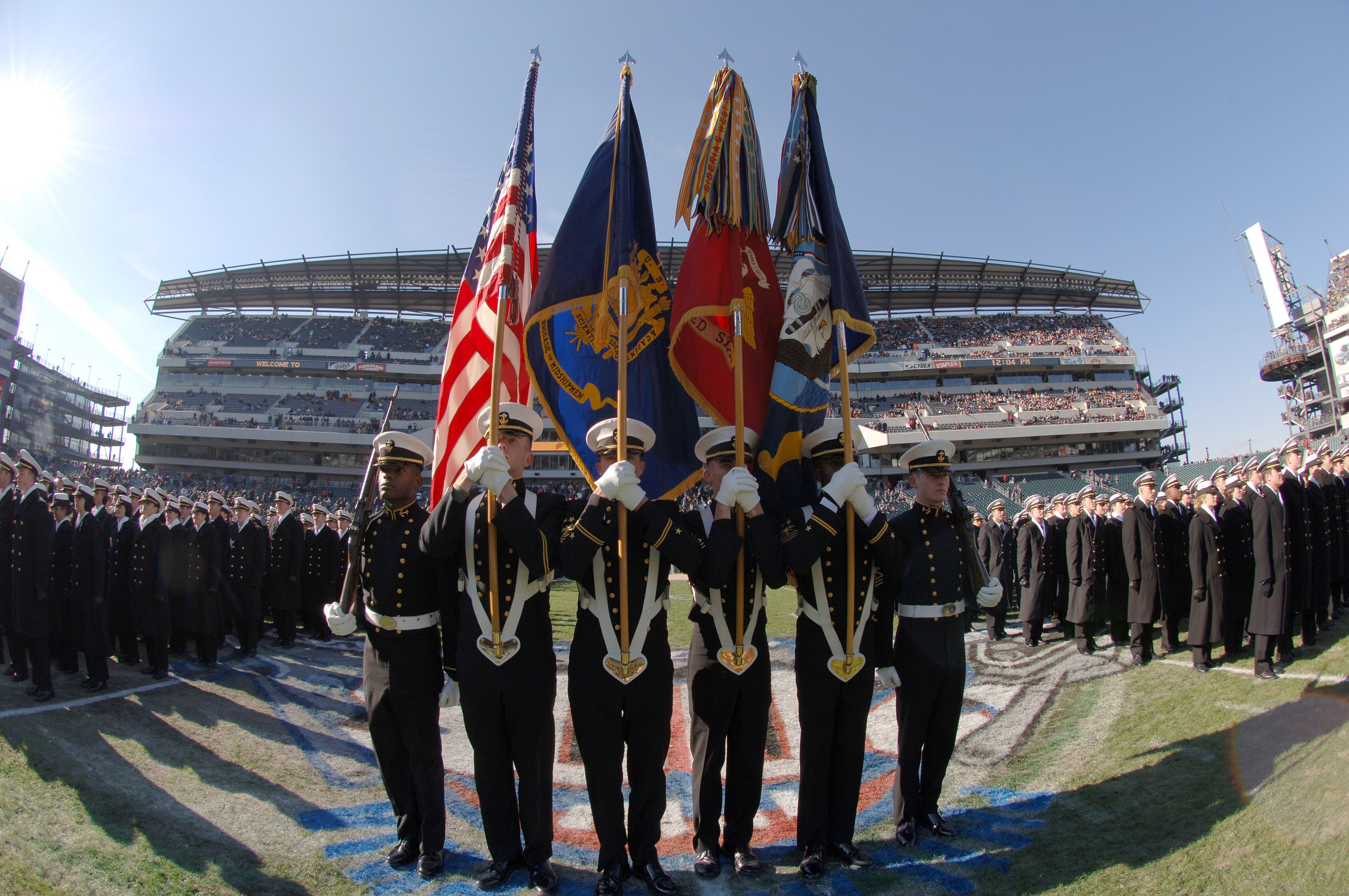 PHILADELPHIA - DECEMBER 3:  In this handout provided by the U.S. Navy, the U.S. Naval Academy Color Guard presents the colors during march-on ceremonies during the 106th playing of Army vs.Navy football game on December 3, 2005 held for the third consecut