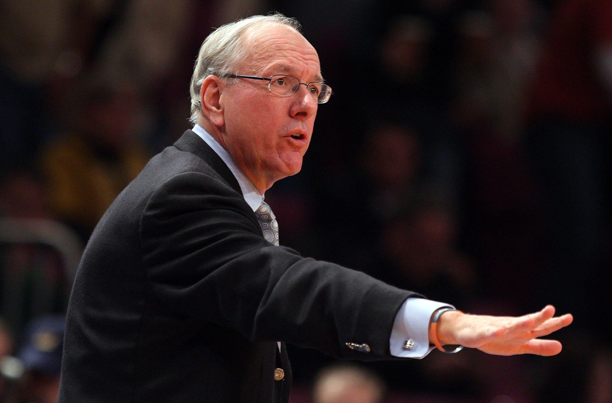 NEW YORK - NOVEMBER 19:  Head coach Jim Boeheim of the Syracuse Orange looks on against the California Golden Bears during their semifinal game of the 2K Sports Classic on  November 19, 2009 at Madison Square Garden in New York City.  (Photo by Jim McIsaa