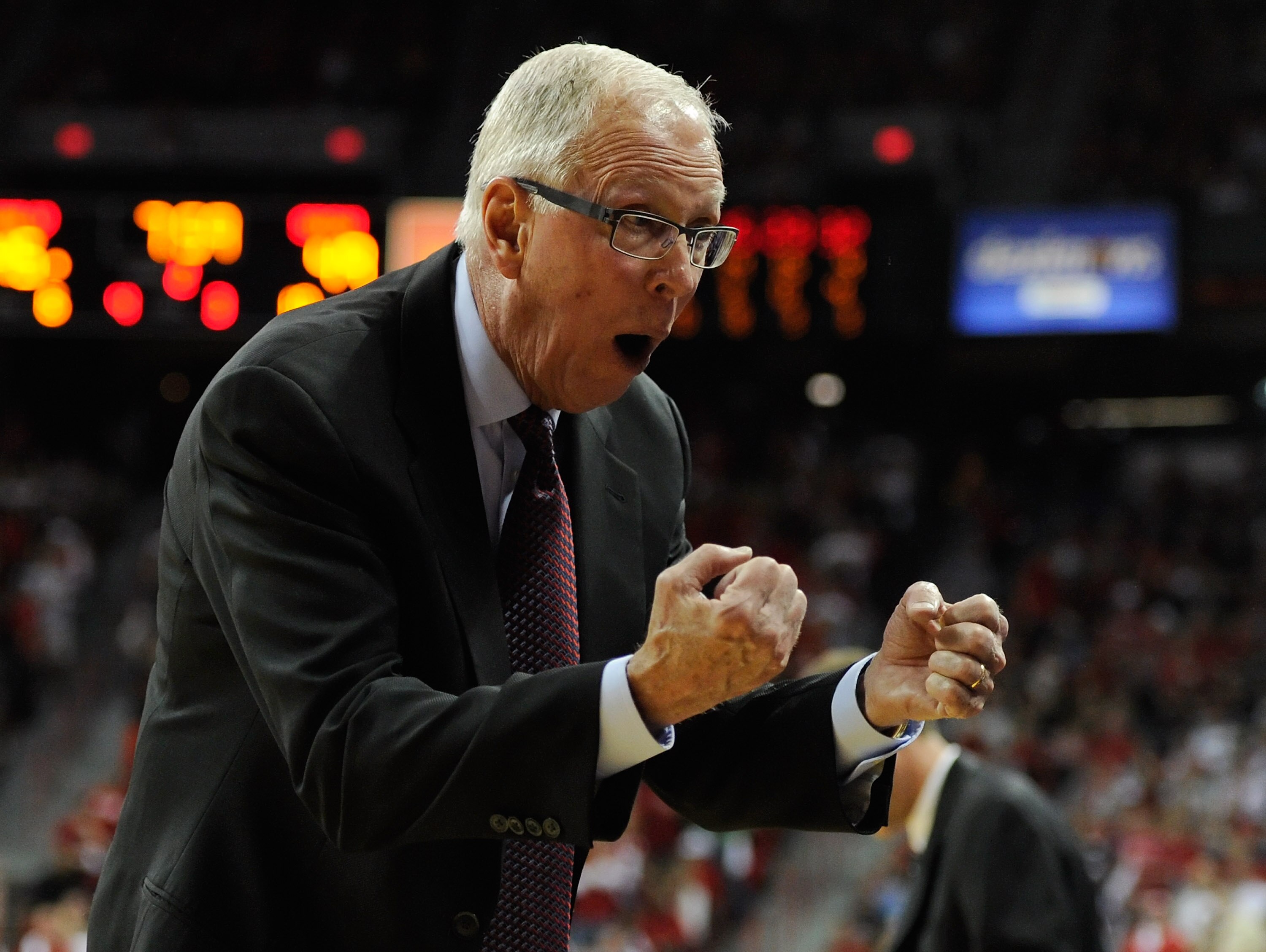 LAS VEGAS, NV - FEBRUARY 12:  Head coach Steve Fisher of the San Diego State Aztecs yells at his bench during the team's game against the UNLV Rebels at the Thomas & Mack Center February 12, 2011 in Las Vegas, Nevada. San Diego State won 63-57.  (Photo by