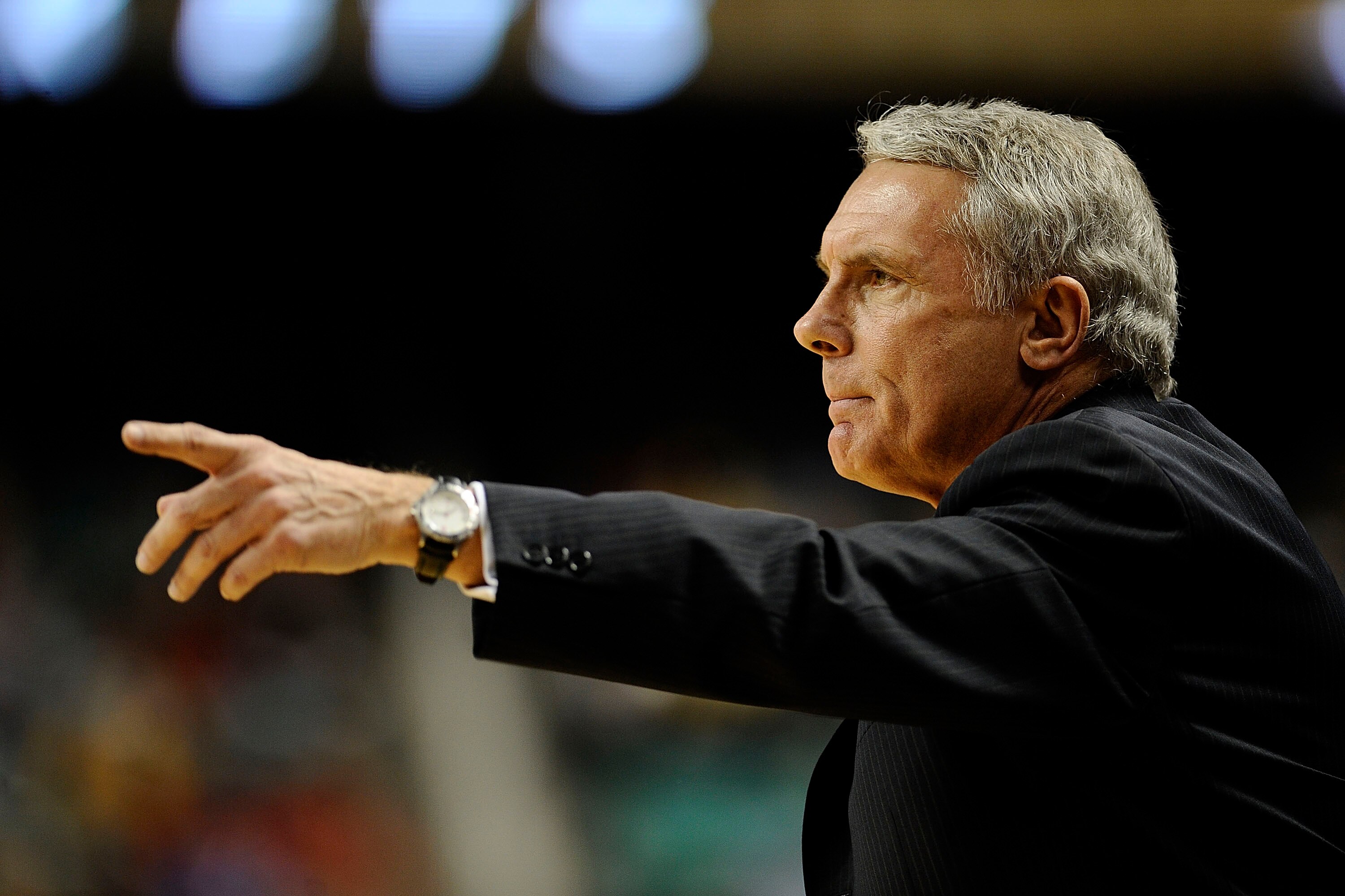 GREENSBORO, NC - MARCH 12:  Gary Williams, head coach of the University of Maryland Terrapins works the sidelines against the Georgia Tech Yellow Jackets in their quarterfinal game in the 2010 ACC Men's Basketball Tournament at the Greensboro Coliseum on